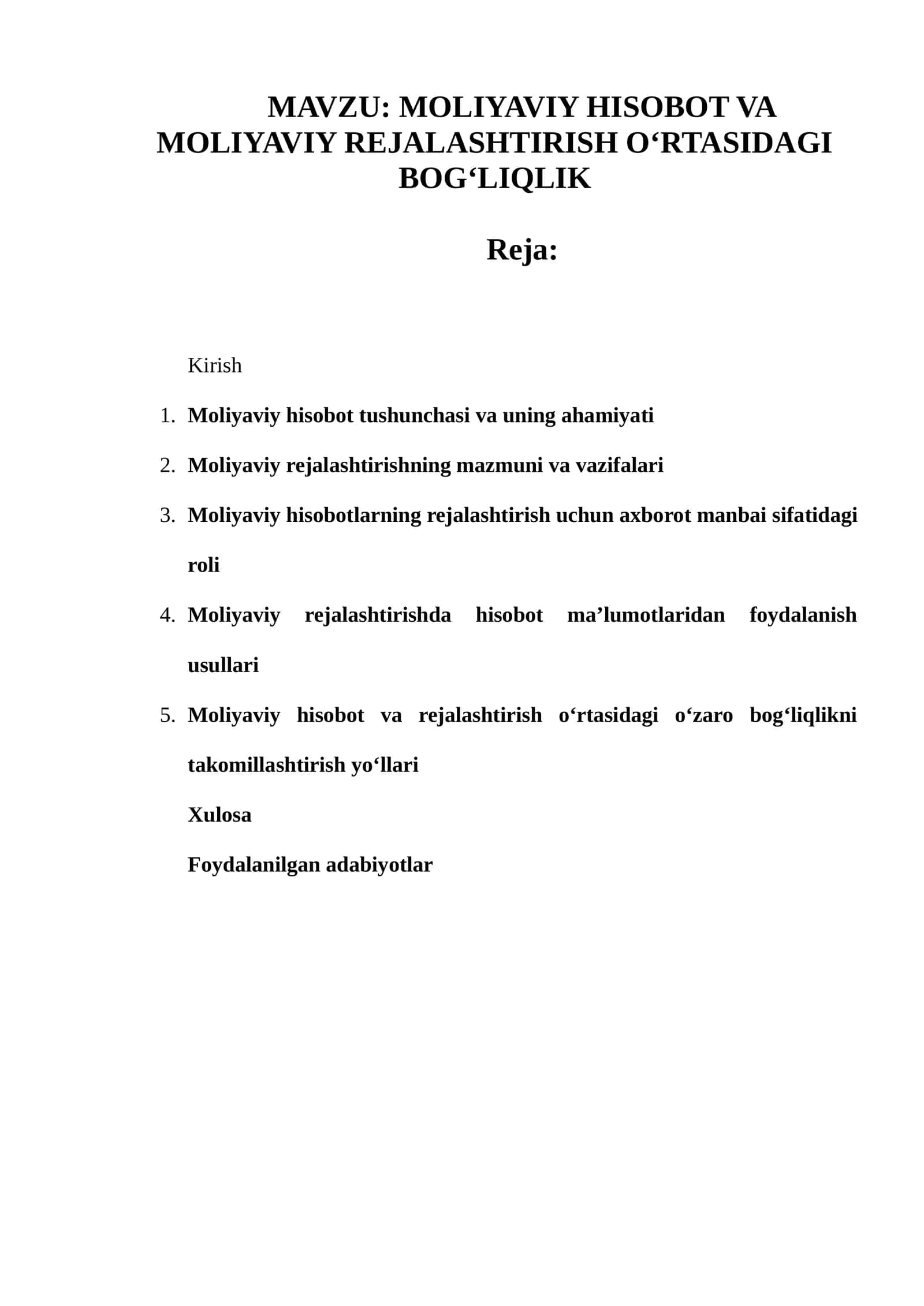 MOLIYAVIY HISOBOT VA MOLIYAVIY REJALASHTIRISH O‘RTASIDAGI BOG‘LIQLIK 1
