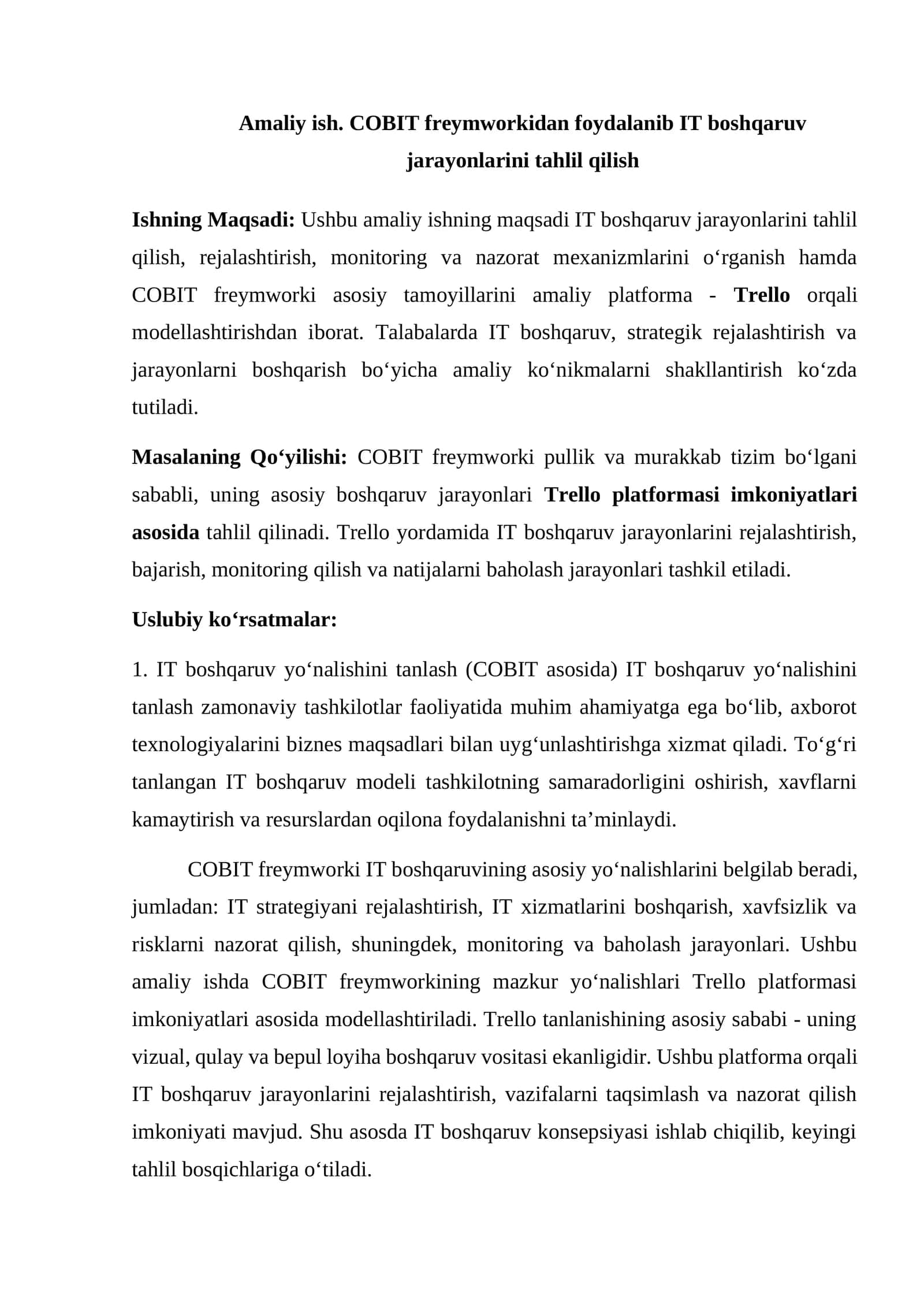 Amaliy ish. COBIT freymworkidan foydalanib IT boshqaruv jarayonlarini tahlil qilish 1