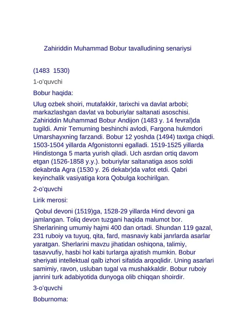 Zahiriddin Muhammad Bobur tavalludining senariysi 1