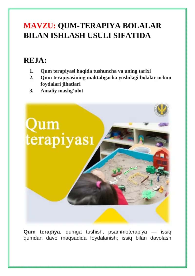 Qum-terapiya bolalar bilan ishlash usuli sifatida (Referat, Mustaqil ish) 1