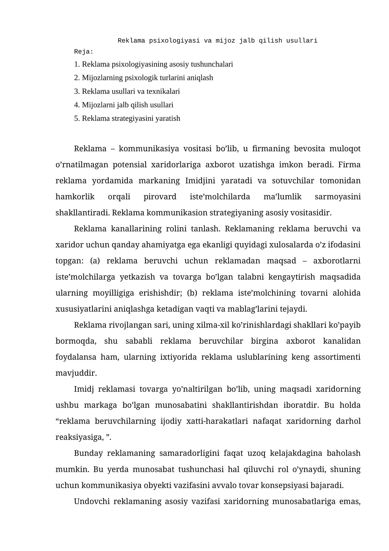 Reklama psixologiyasi va mijoz jalb qilish usullari 1