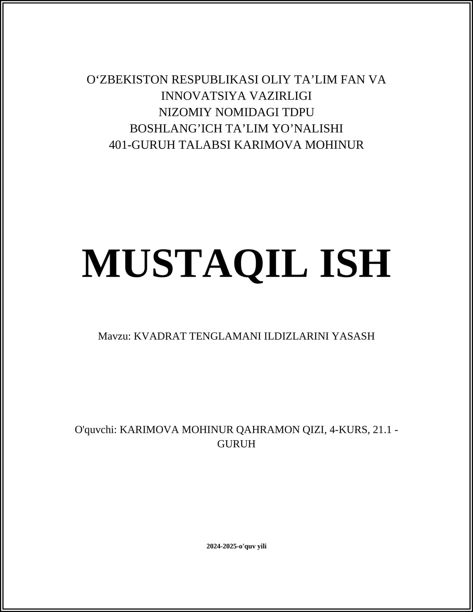 KVADRAT TENGLAMANI ILDIZLARINI YASASH 1