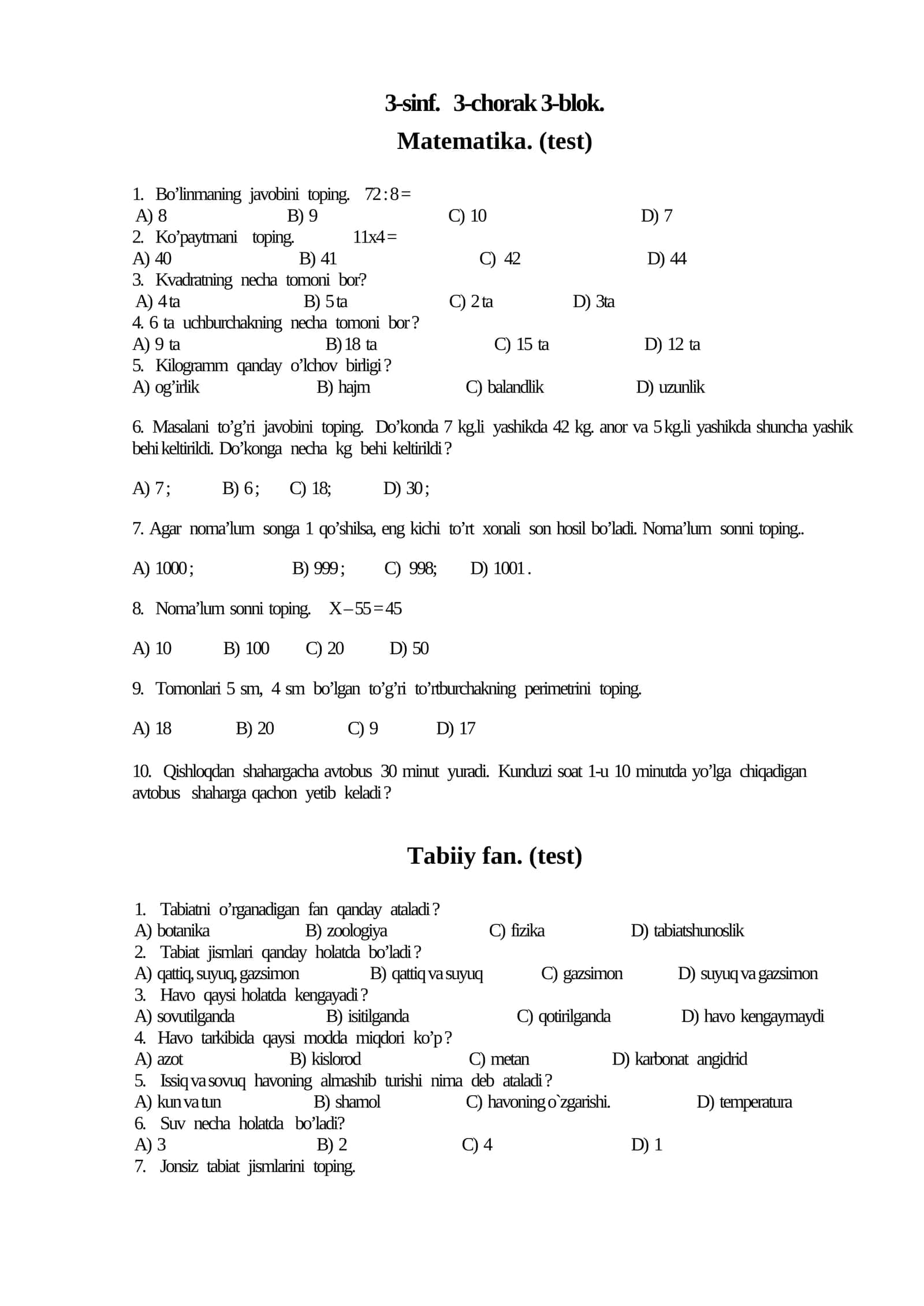 3-sinf Ona tili va oqish Matematika Xorijiy til Blok test 1
