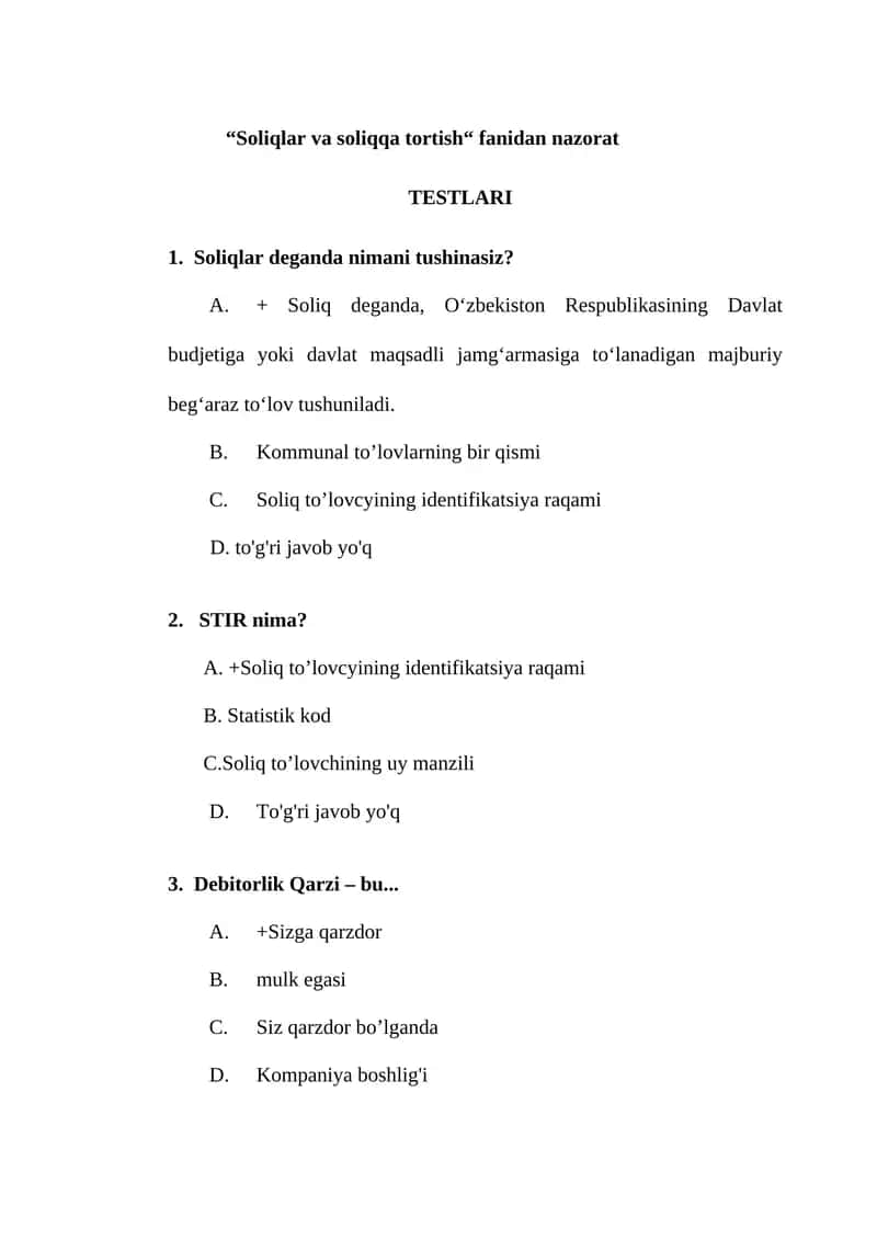 Soliqlar va soliqqa tortish Fanidan Testlar 1