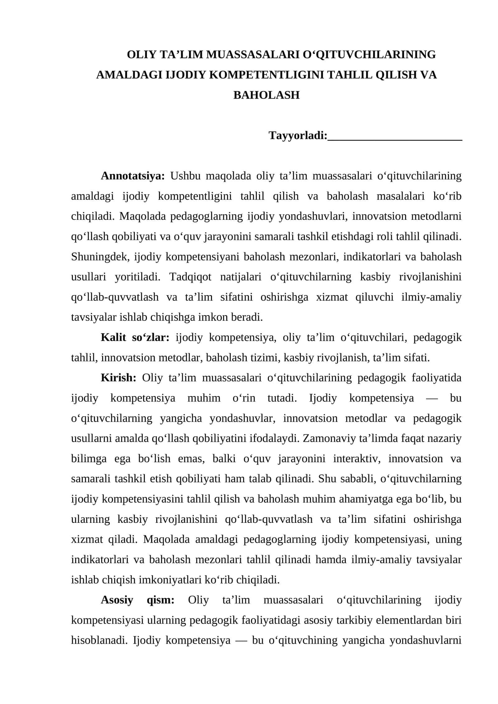 OLIY TA’LIM MUASSASALARI O‘QITUVCHILARINING AMALDAGI IJODIY KOMPETENTLIGINI TAHLIL QILISH VA BAHOLASH maqola 1