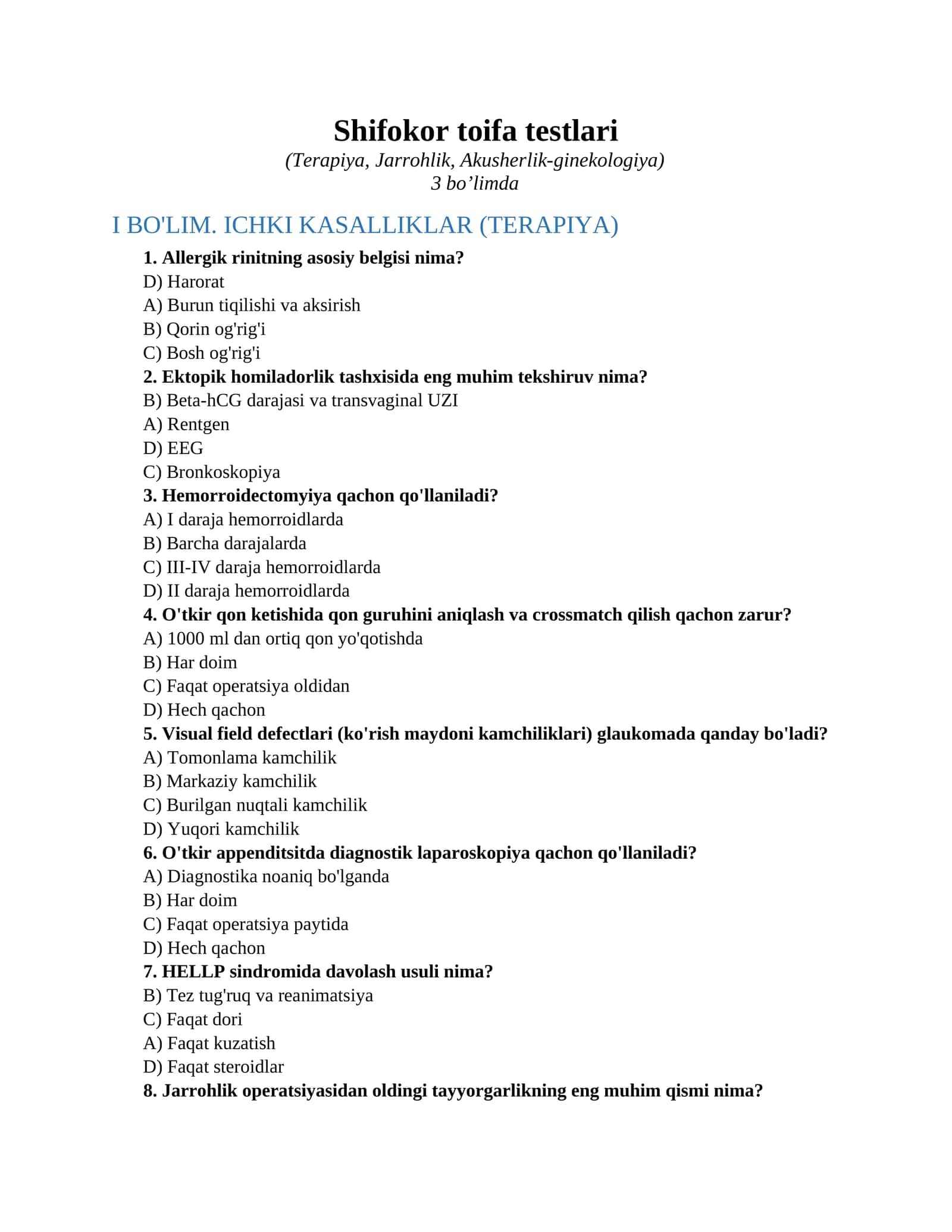 Shifokor toifa testlari 1
