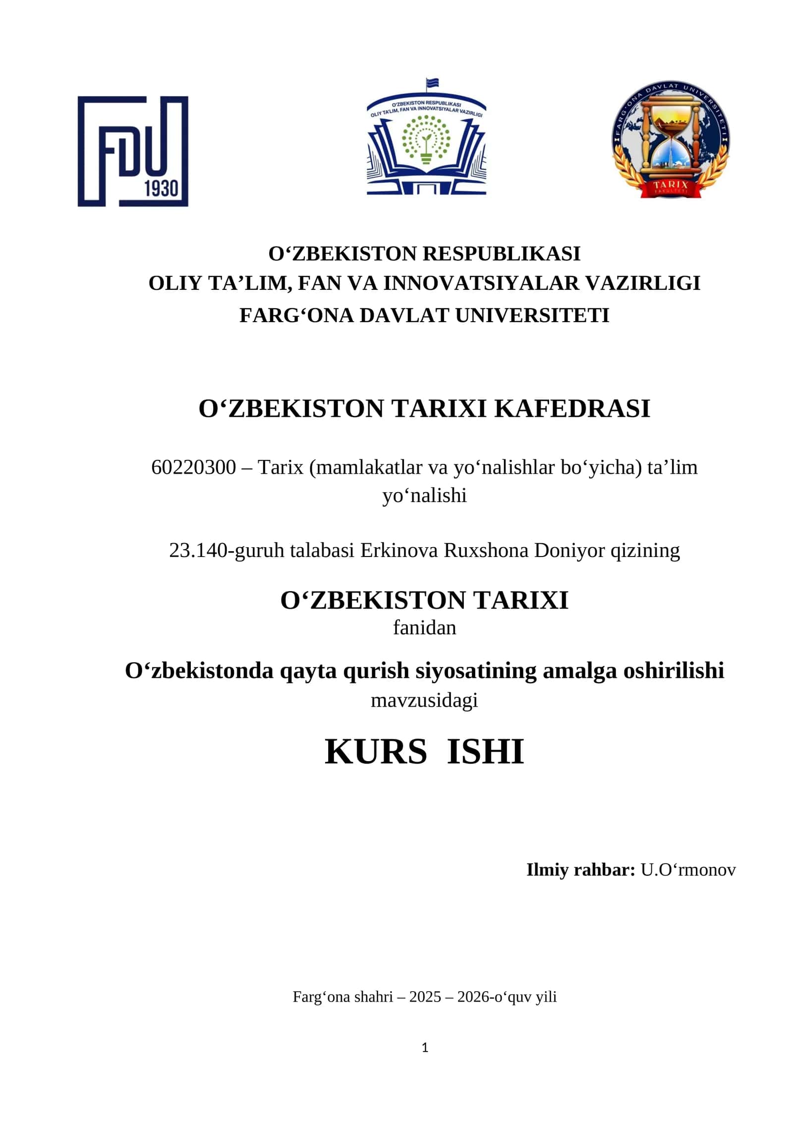 Kurs Ishi - O‘zbekistonda qayta qurish siyosatining amalga oshirilishi 1