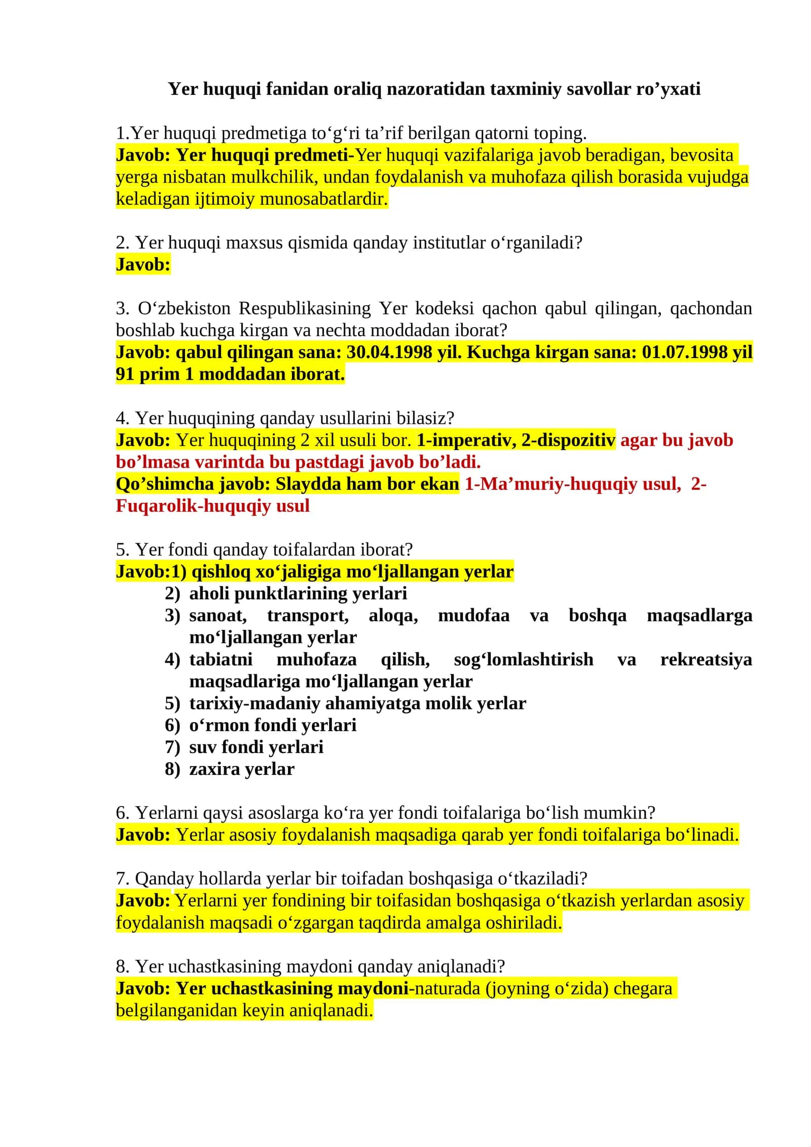 Yer huquqi fanidan oraliq nazoratidan taxminiy savollar ro’yxati 1