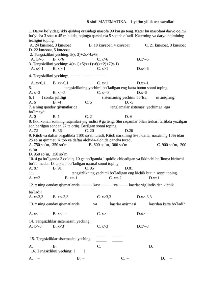 8-sinf. MATEMATIKA. 1-yarim yillik test savollari 1