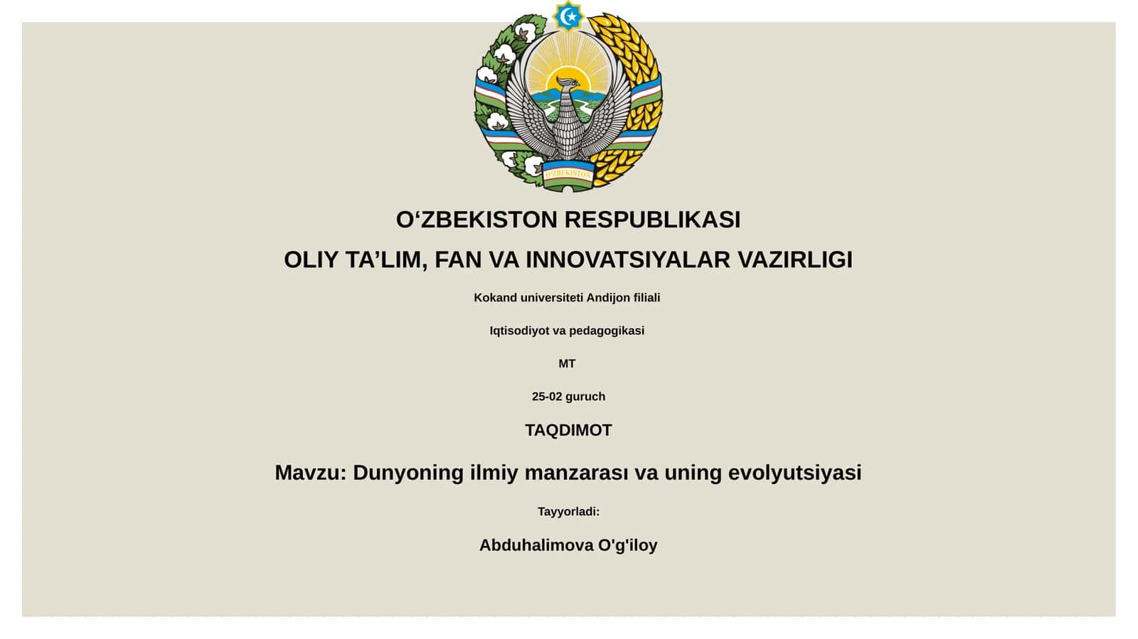 Dunyoning ilmiy manzarası va uning evolyutsiyasi 1