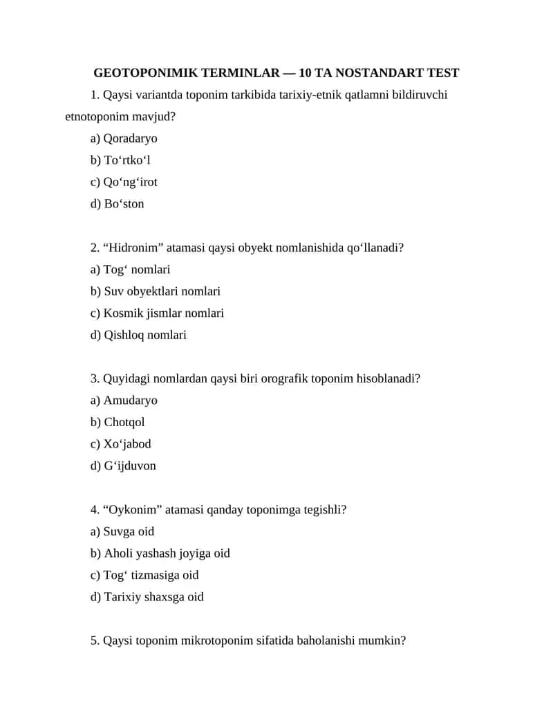 GEOTOPONIMIK TERMINLAR — 10 TA NOSTANDART TEST 1