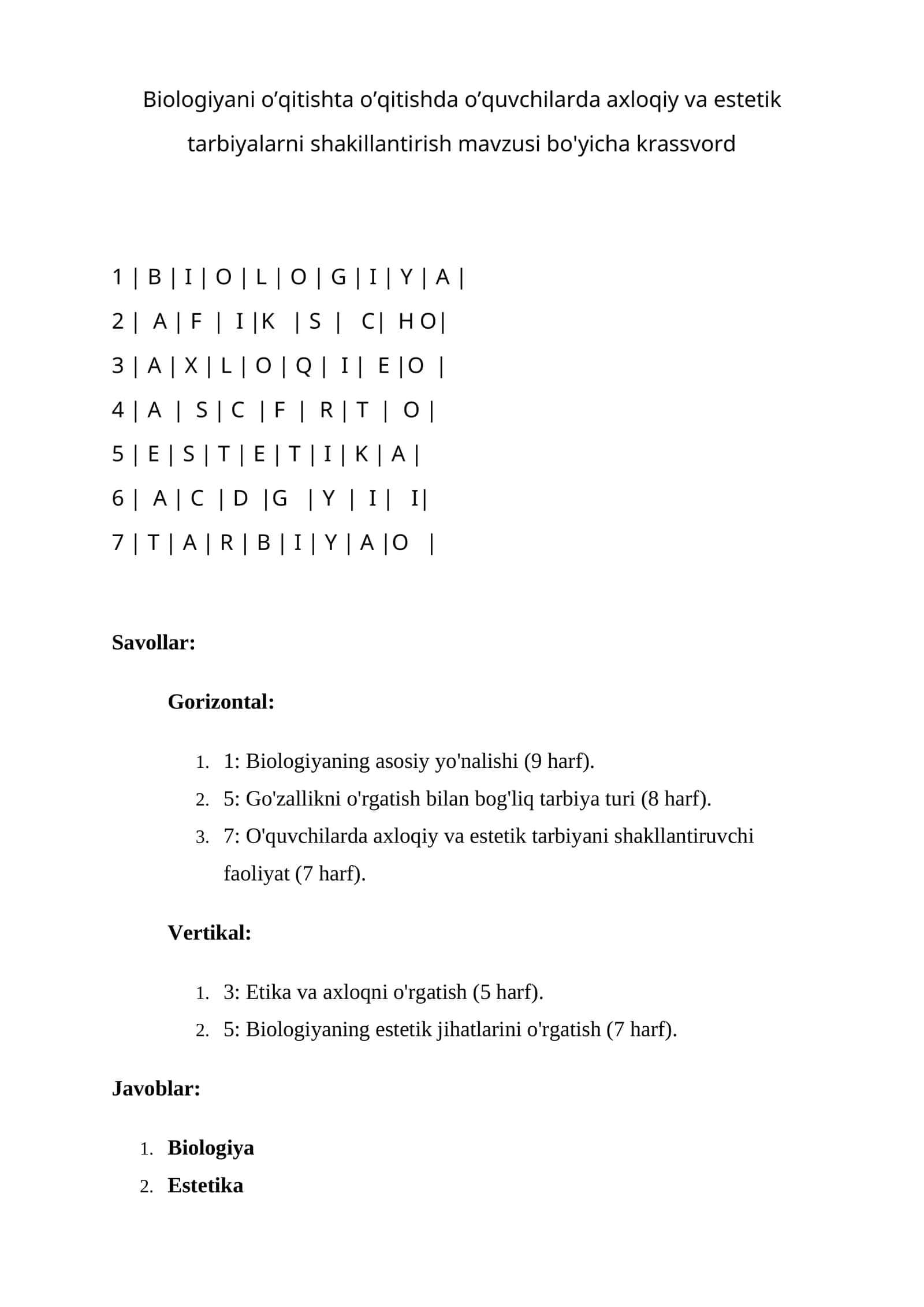Biologiyani o’qitishta o’qitishda o’quvchilarda axloqiy va estetik tarbiyalarni shakillantirish mavzusi bo'yicha krassvord 1