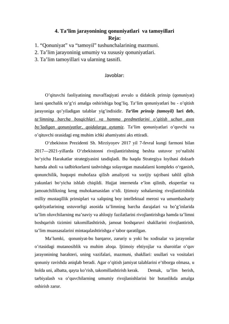 Ta’lim jarayonining qonuniyatlari va tamoyillari 1