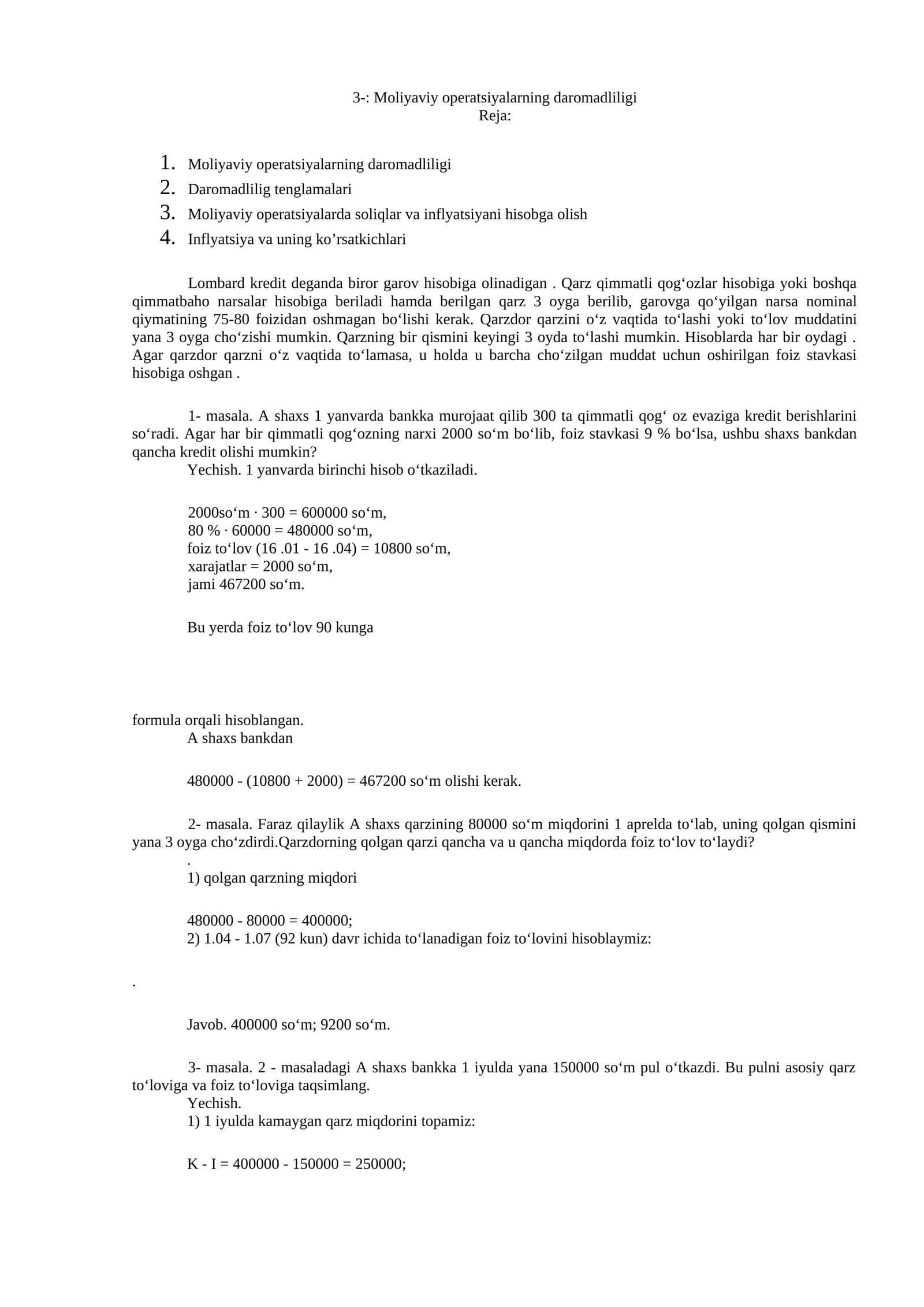Moliyaviy operatsiyalarning daromadliligi 1