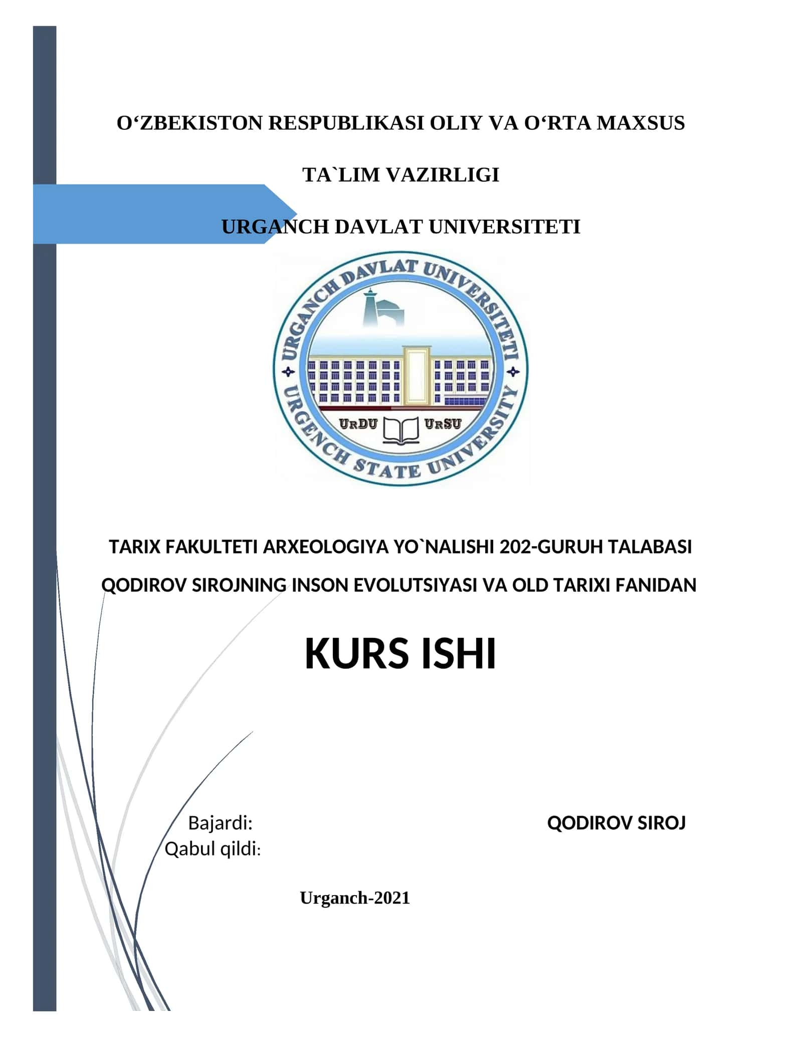 Inson Evolutsiyasi va Old Tarixi Fanidan Kurs Ishi 1
