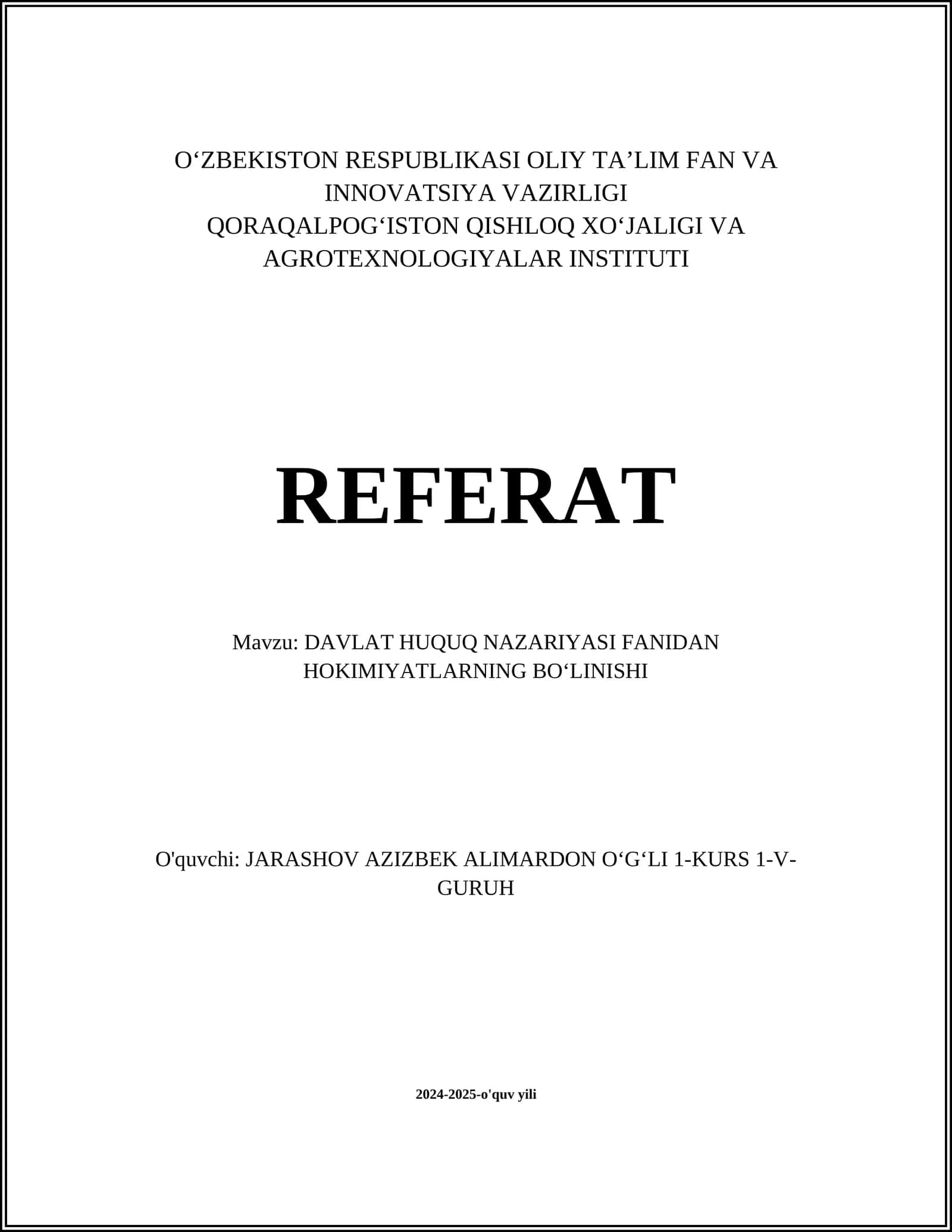 DAVLAT HUQUQ NAZARIYASI FANIDAN HOKIMIYATLARNING BOʻLINISHI 1