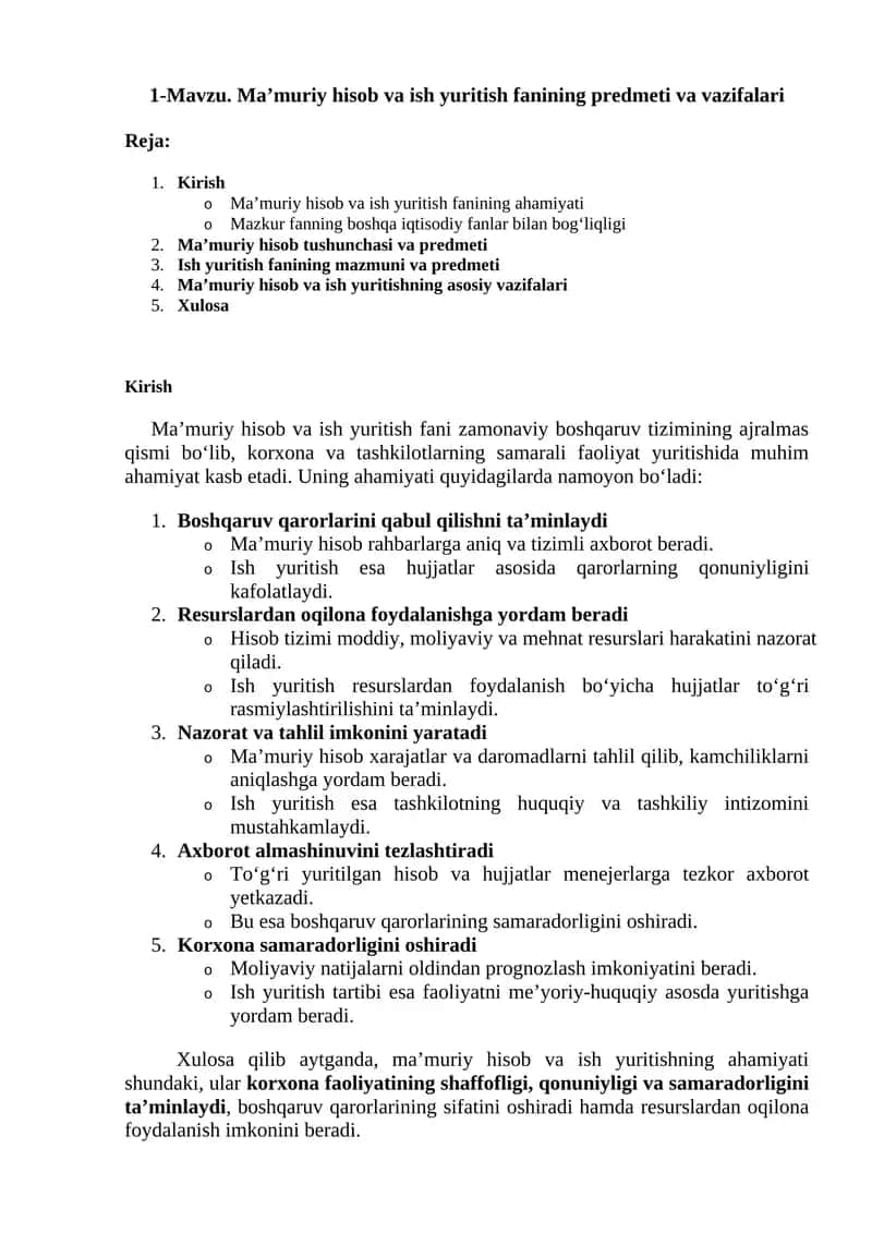 Ma’muriy hisob va ish yuritish fanining predmeti va vazifalari 1