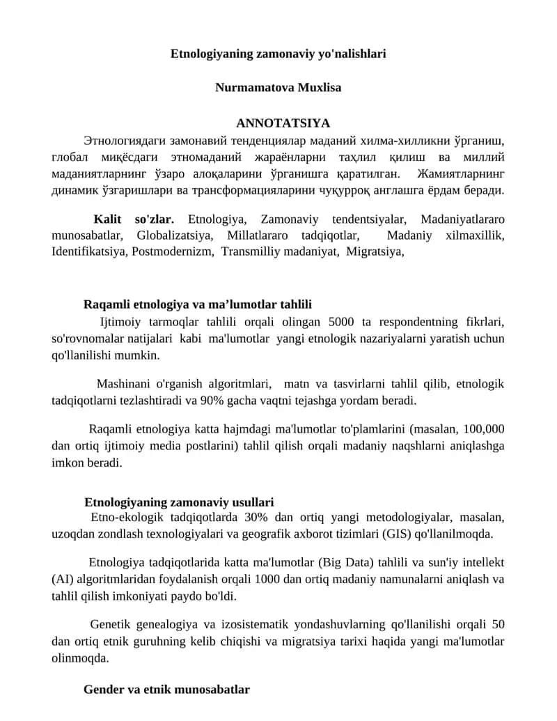 Etnologiyaning zamonaviy yo'nalishlari 1