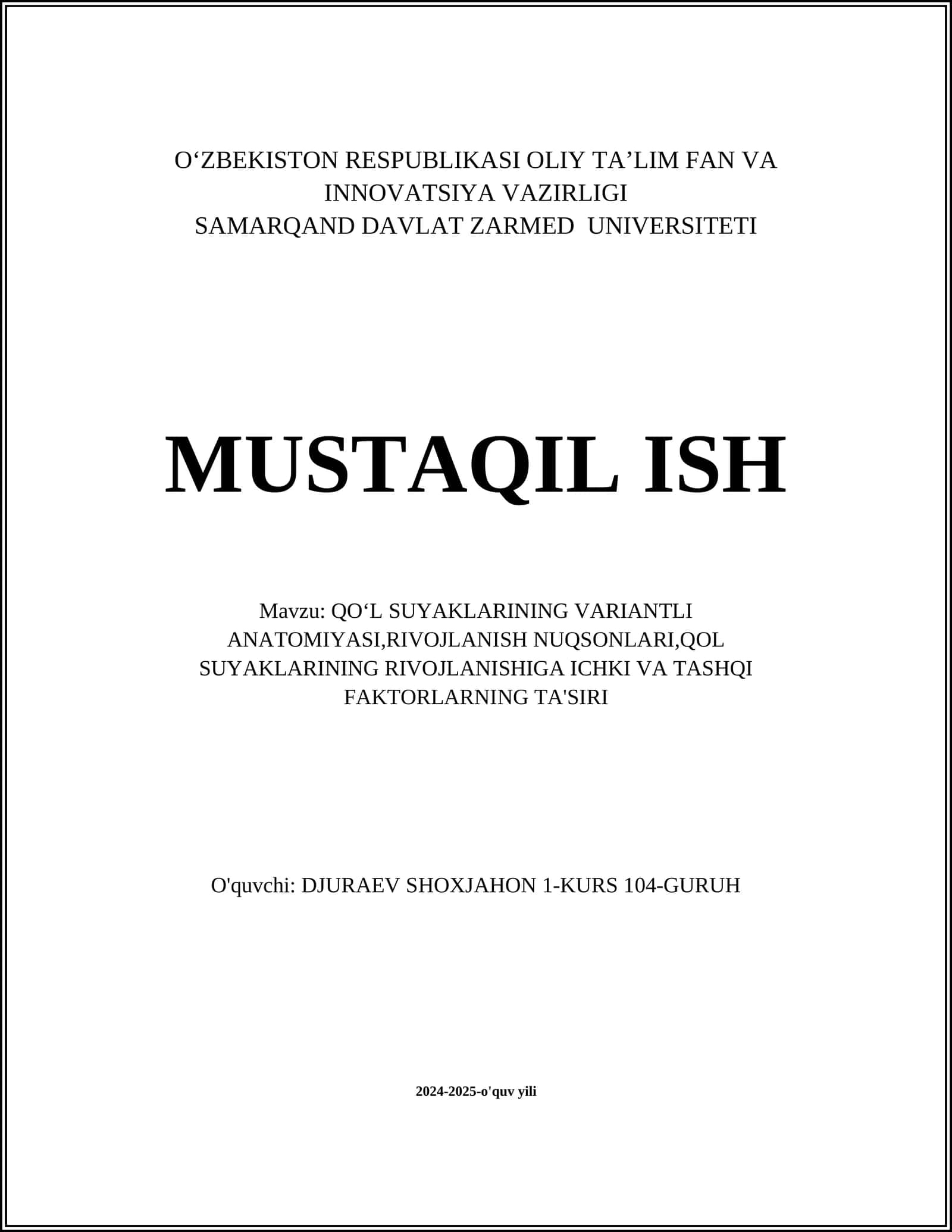 QOʻL SUYAKLARINING VARIANTLI ANATOMIYASI,RIVOJLANISH NUQSONLARI,QOL SUYAKLARINING RIVOJLANISHIGA ICHKI VA TASHQI FAKTORLARNING TA'SIRI 1