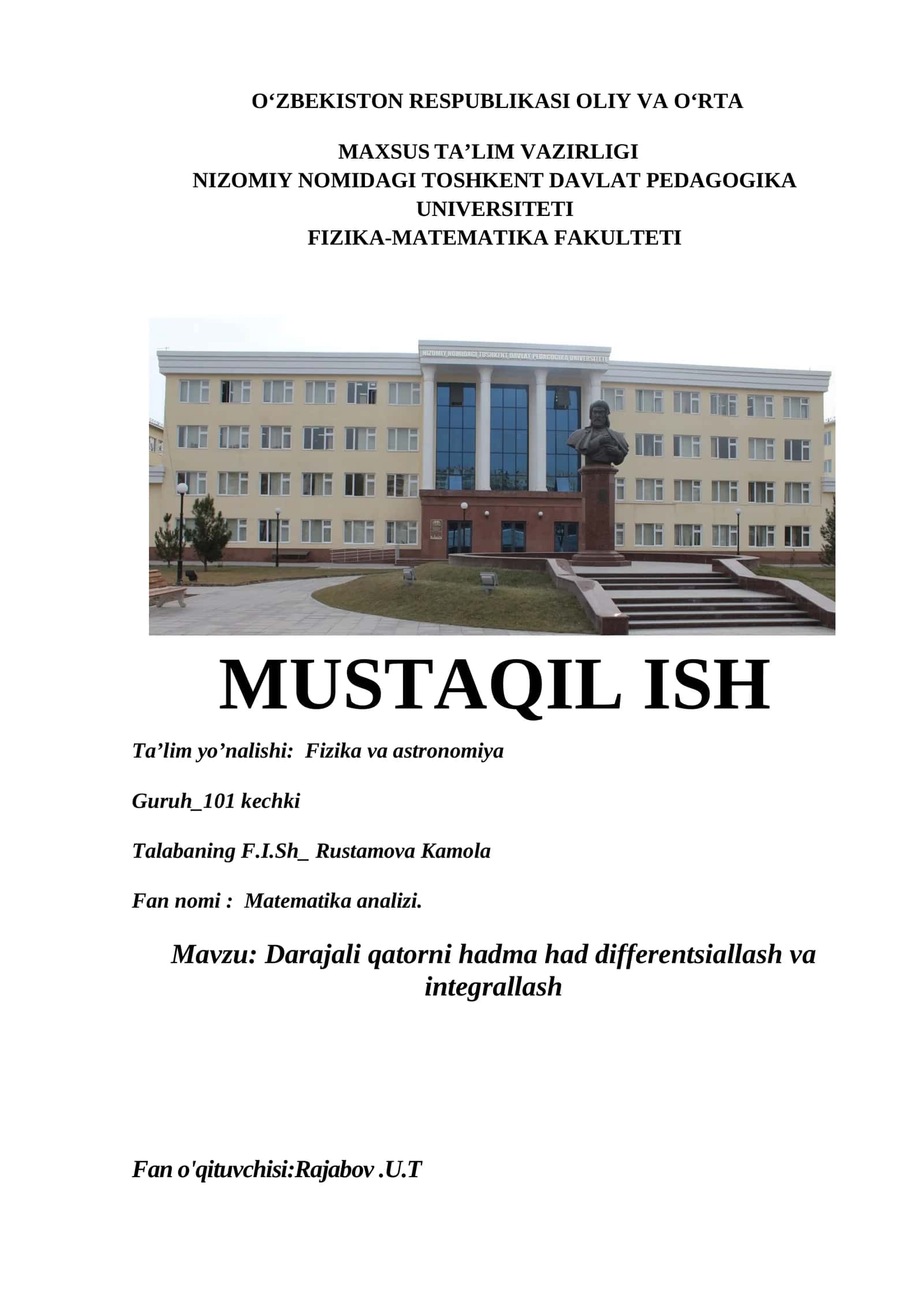 Darajali qatorni hadma had differentsiallash va integrallash 1