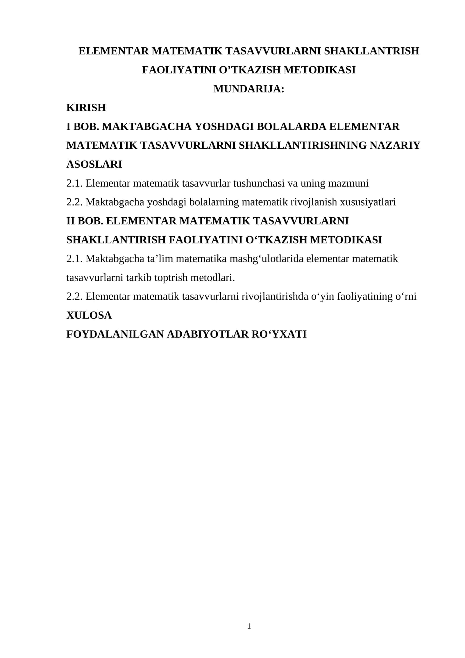 Elementar matematik tasavvurlarni shakllantrish faoliyatini o’tkazish metodikasi 1