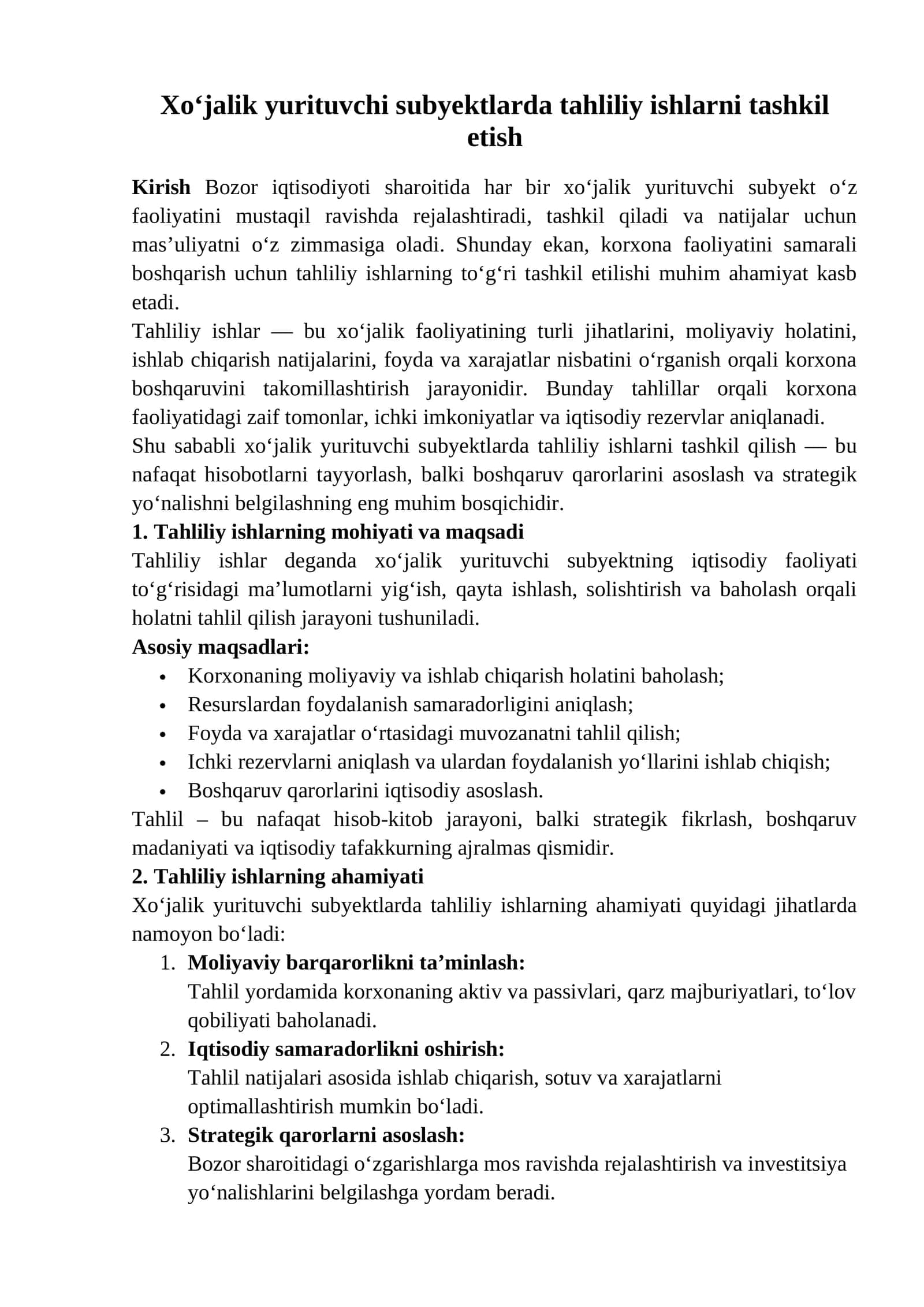 Tahliliy ishlarni tashkil etish 1
