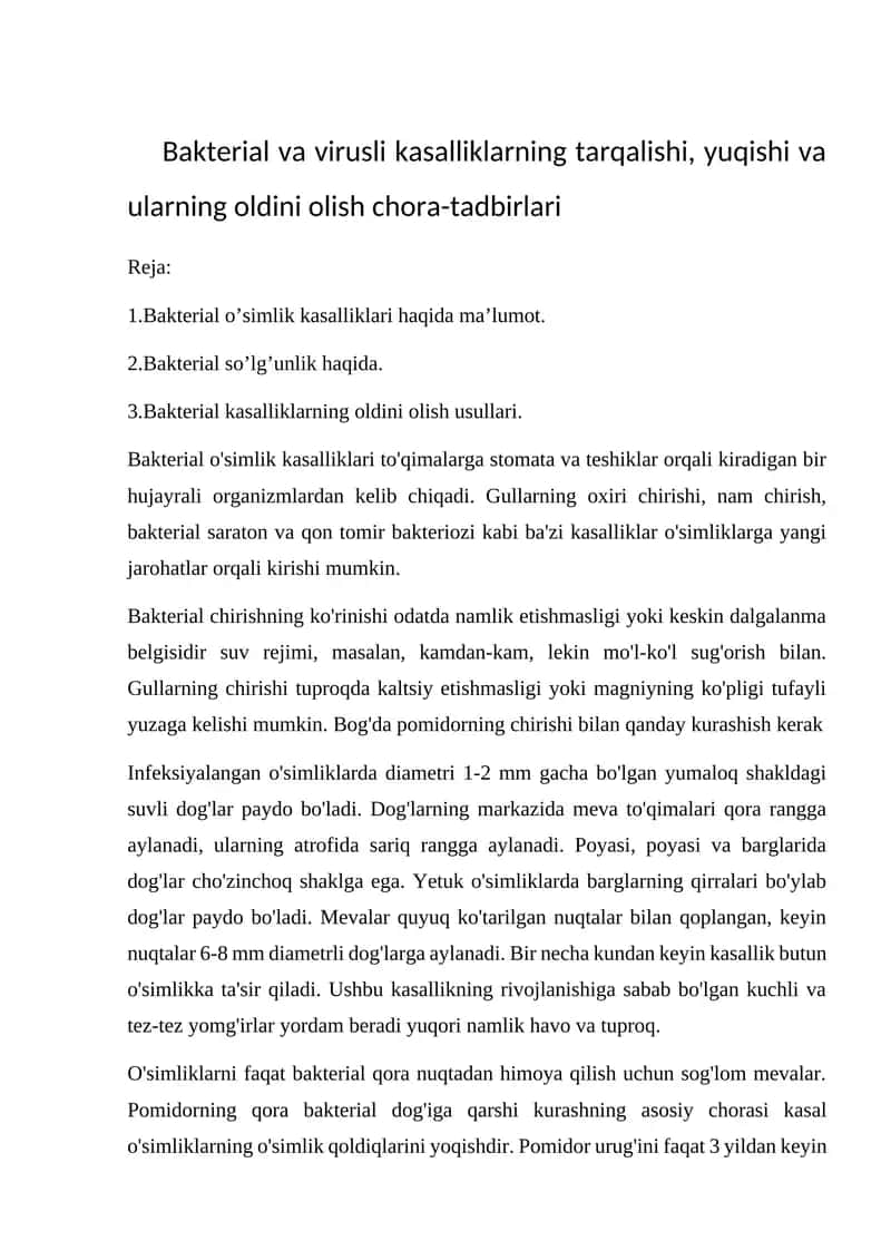 Bakterial va virusli kasalliklarning tarqalishi, yuqishi va ularning oldini olish chora-tadbirlari 1