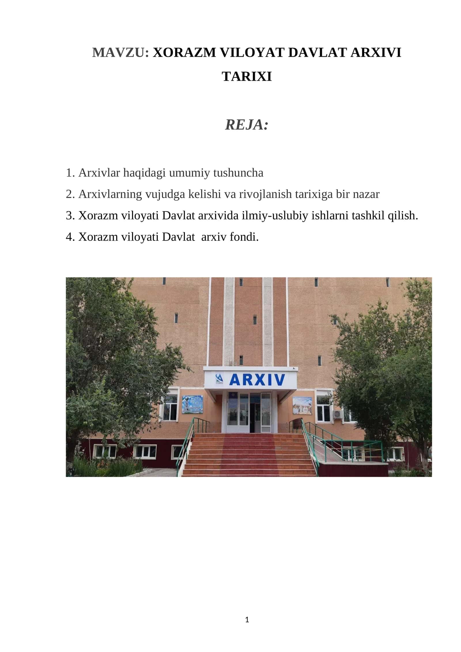 XORAZM VILOYAT DAVLAT ARXIVI TARIXI 1