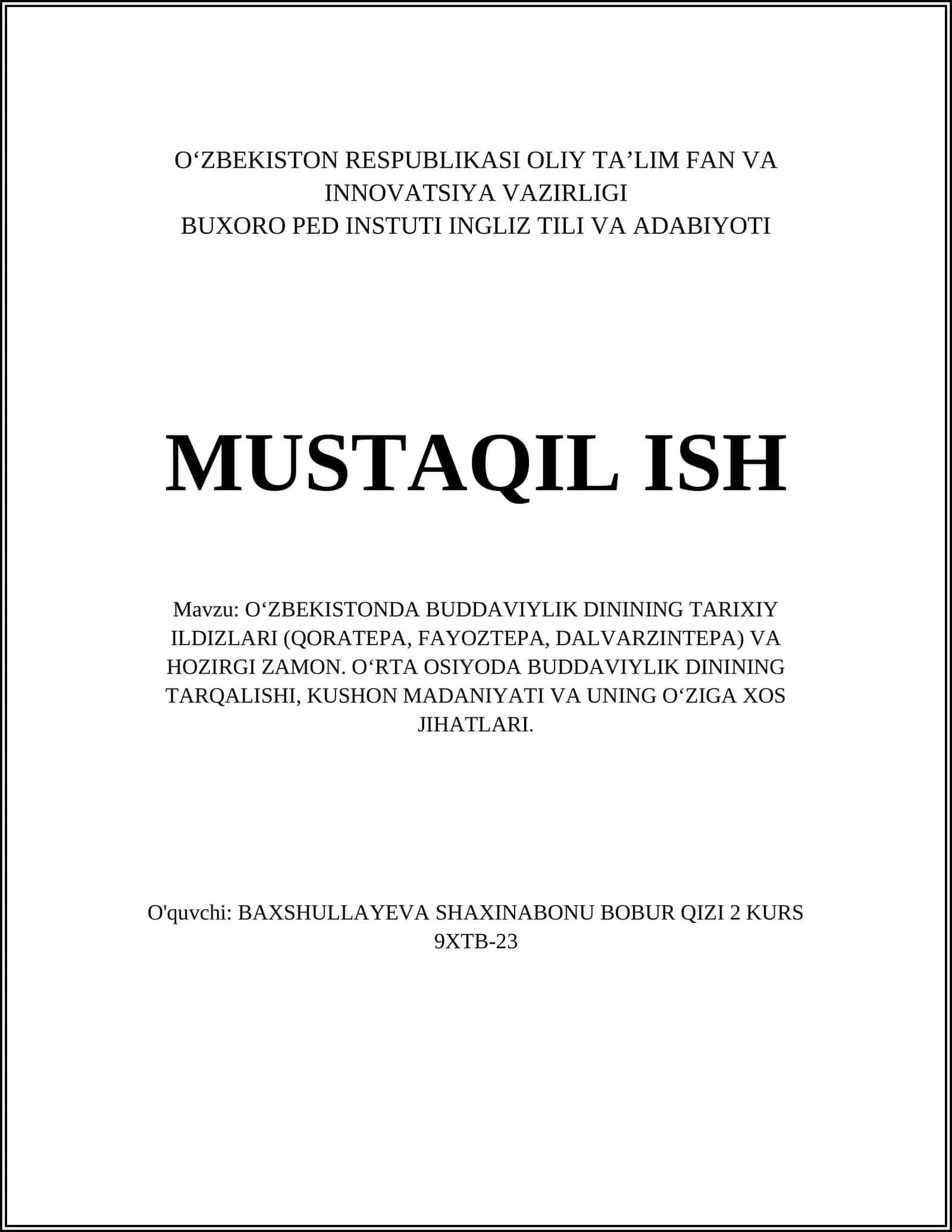 O'ZBEKISTONDA BUDDAVIYLIK DININING TARIXIY ILDIZLARI (QORATEPA, FAYOZTEPA, DALVARZINTEPA) VA HOZIRGI ZAMON 1