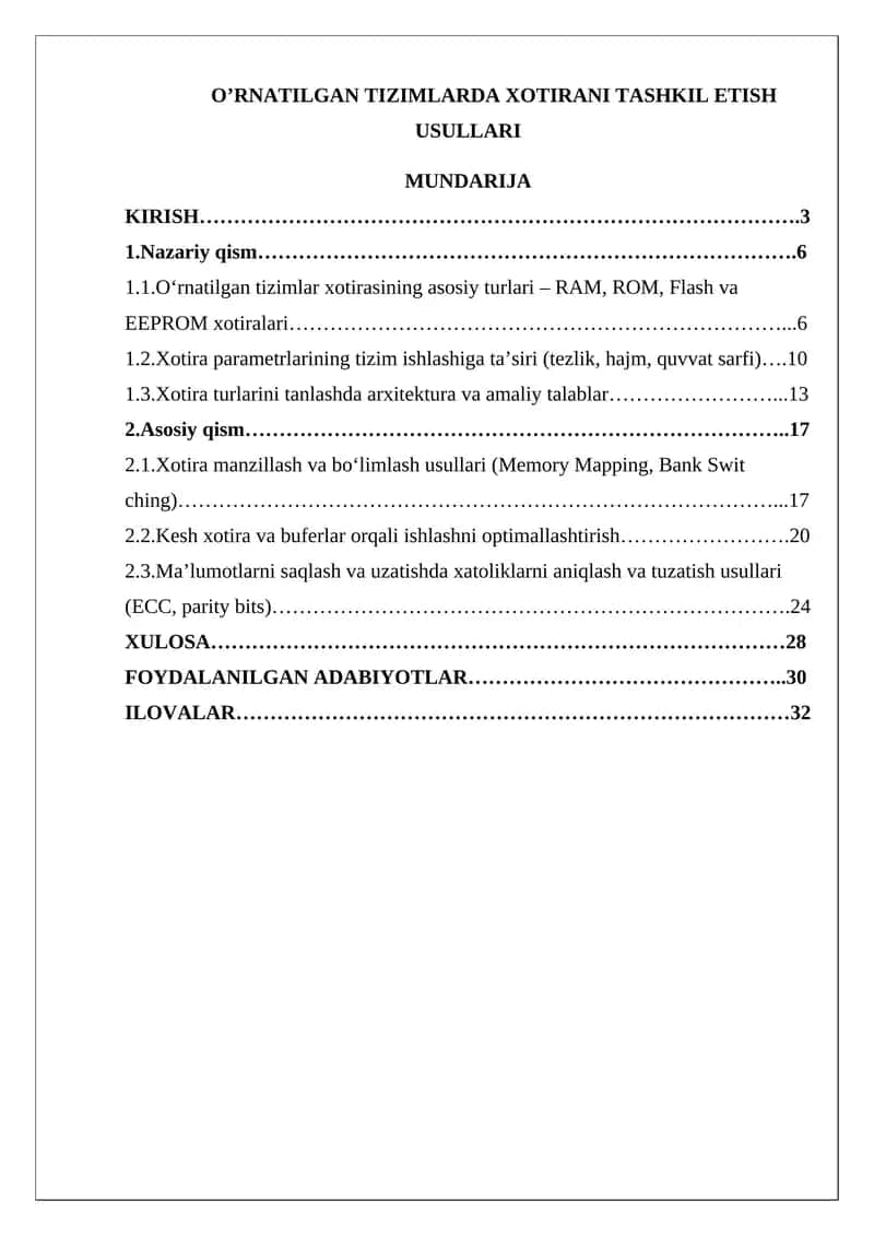 O’RNATILGAN TIZIMLARDA XOTIRANI TASHKIL ETISH USULLARI 1