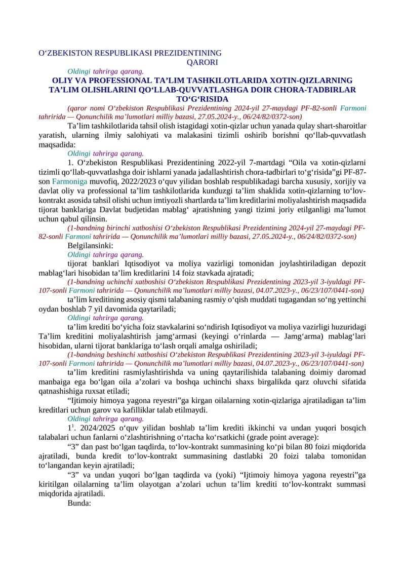 OLIY VA PROFESSIONAL TA’LIM TASHKILOTLARIDA XOTIN-QIZLARNING TA’LIM OLISHLARINI QO‘LLAB-QUVVATLASHGA DOIR CHORA-TADBIRLAR TO‘G‘RISIDA 1