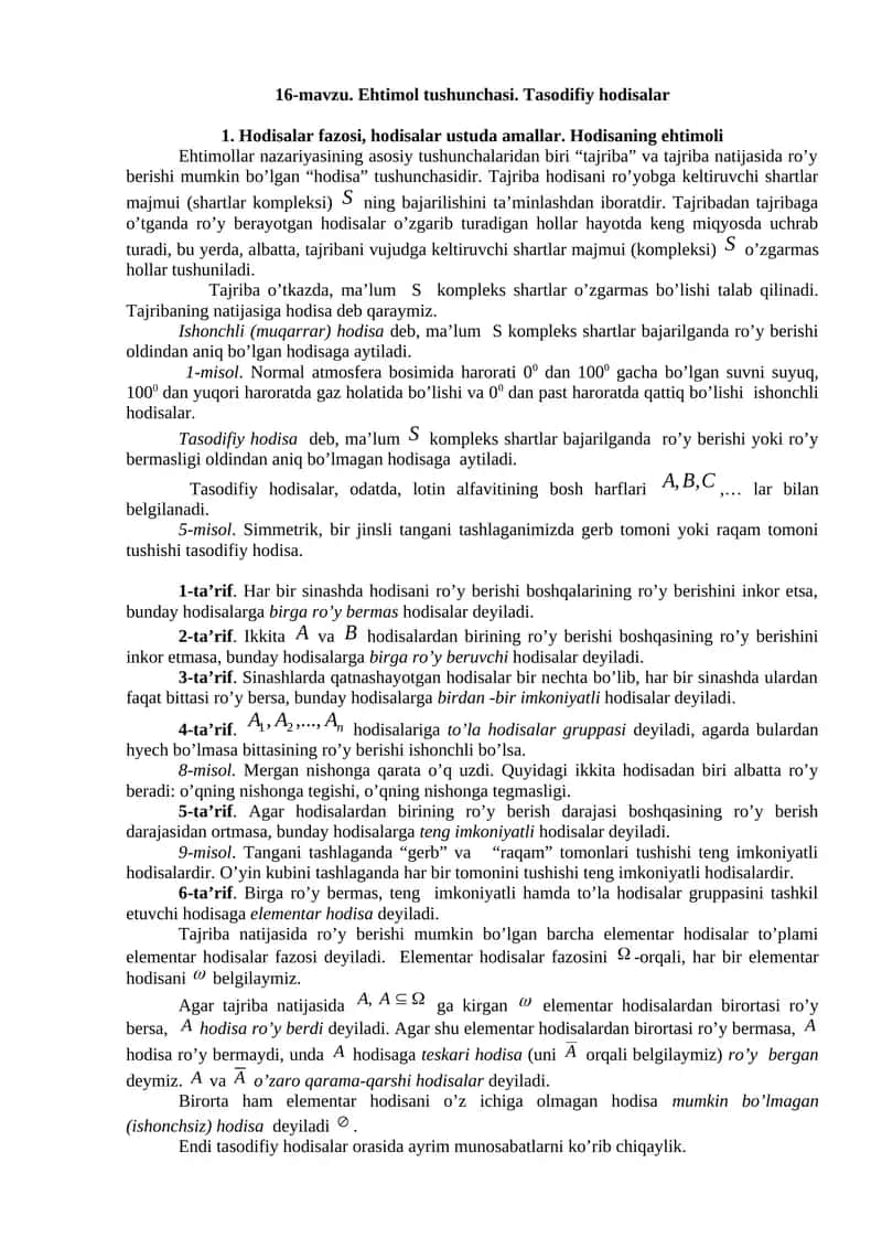 Ehtimol tushunchasi. Tasodifiy hodisalar 1