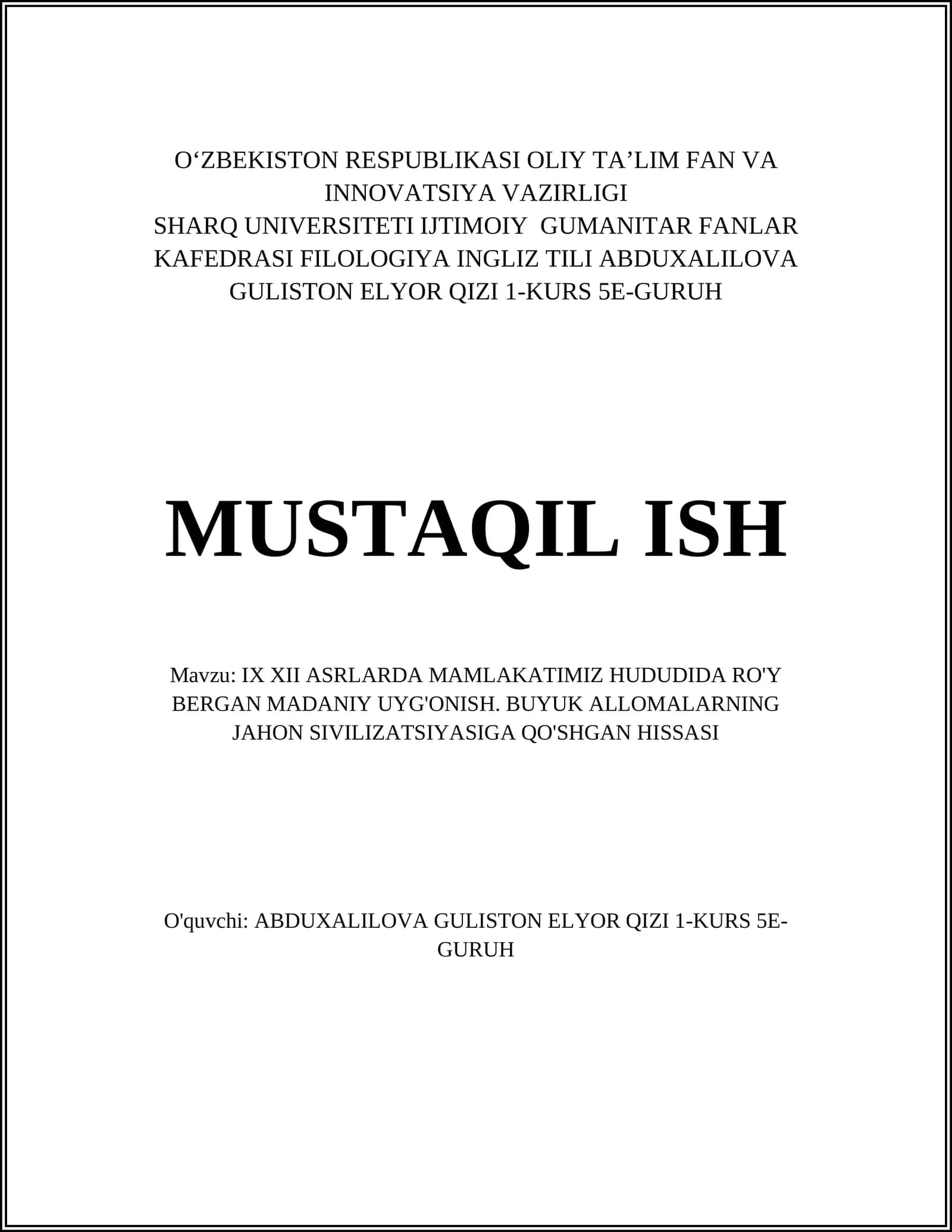 IX XII ASRLARDA MAMLAKATIMIZ HUDUDIDA RO'Y BERGAN MADANIY UYG'ONISH 1