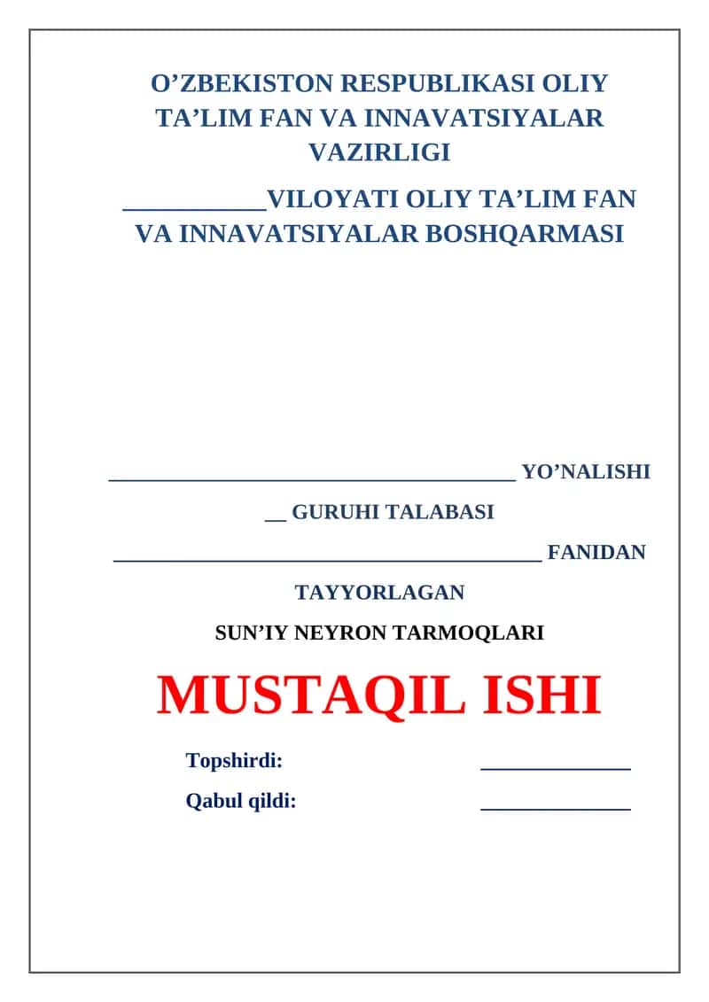 SUNʼIY NEYRON TARMOQLARI 1
