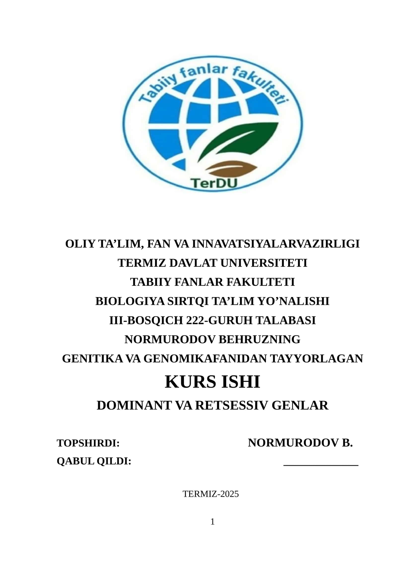 GENITIKA VA GENOMIKAFANIDAN TAYYORLAGAN 1