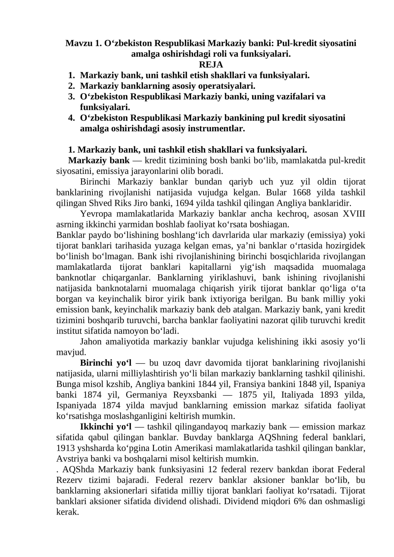 O‘zbekiston Respublikasi Markaziy banki: Pul-kredit siyosatini amalga oshirishdagi roli va funksiyalari 1