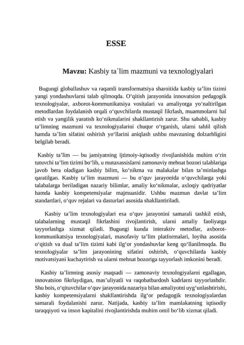 Kasbiy ta`lim mazmuni va texnologiyalari. esse