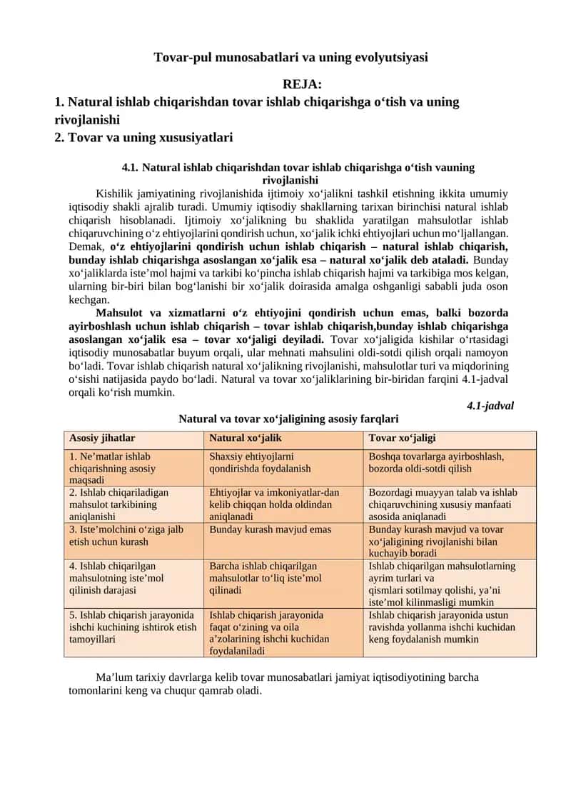 Tovar-pul munosabatlari va uning evolyutsiyasi 1