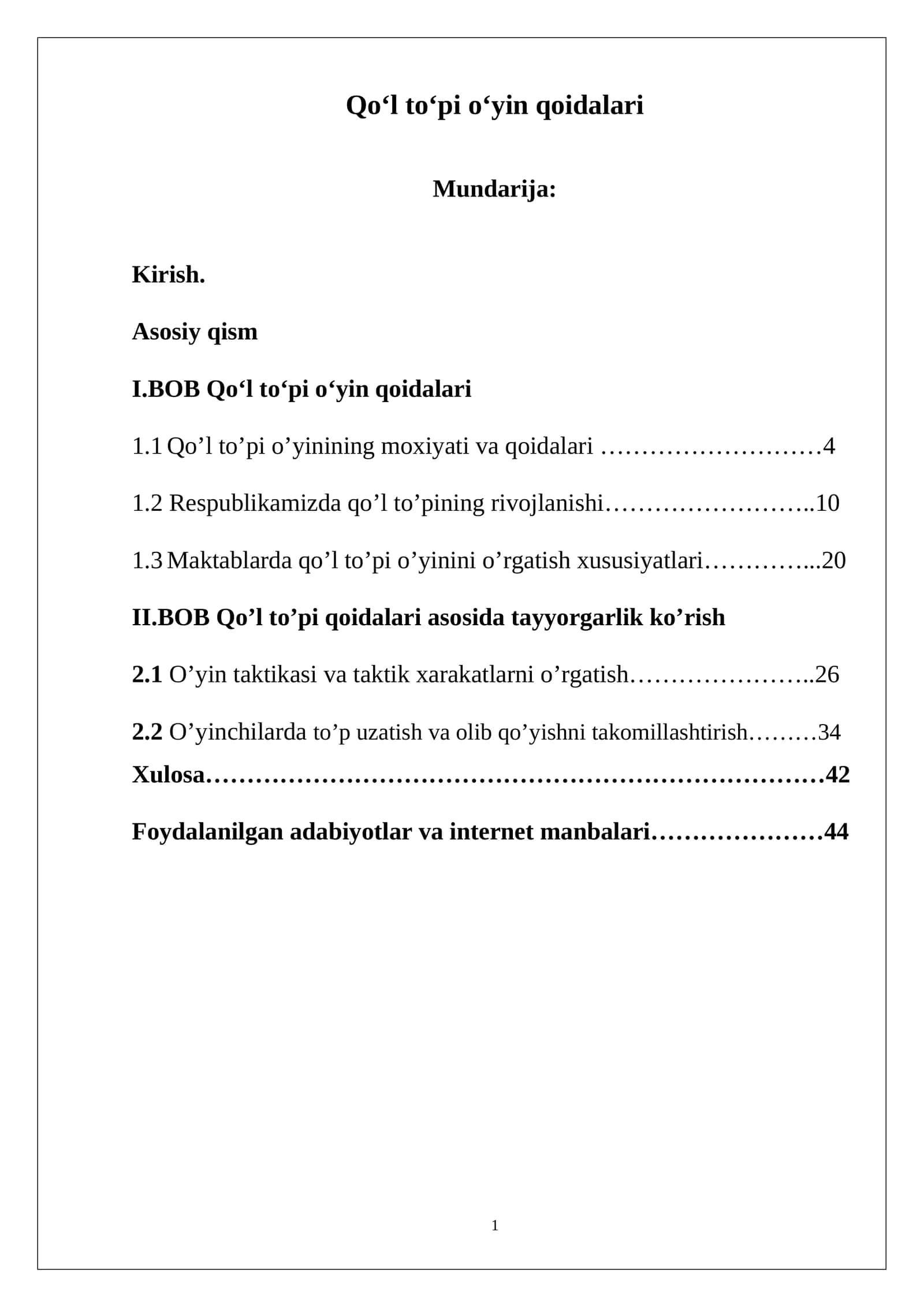 Qo'l  to'pi o'yin qoidalari kurs ishi 1