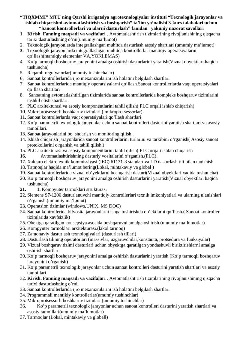 “Sanoat kontrollerlari va ularni dasturlash” fanidan yakuniy nazorat savollari 1