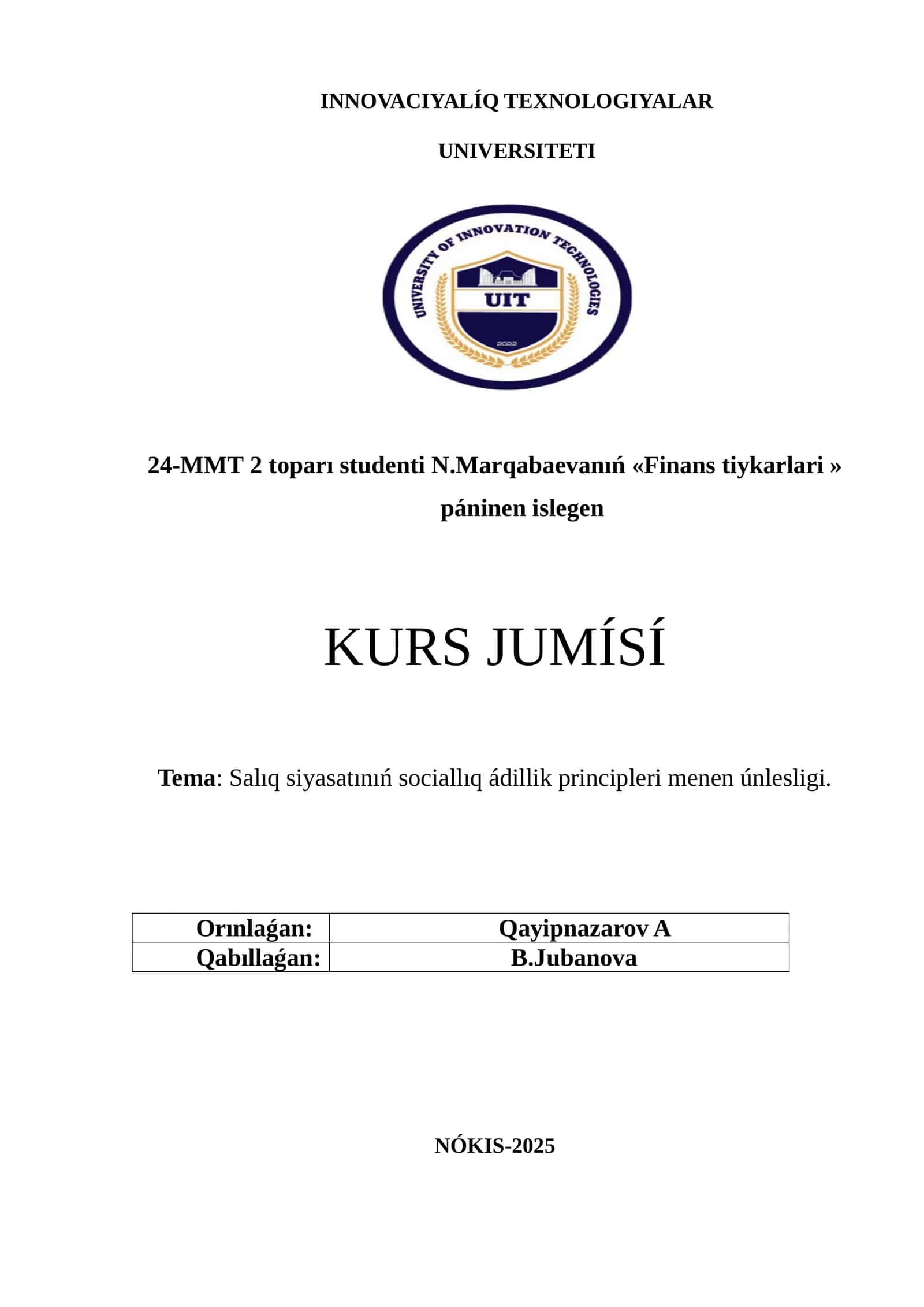 Salıq siyasatınıń sociallıq ádillik principleri menen únlesligi. 1