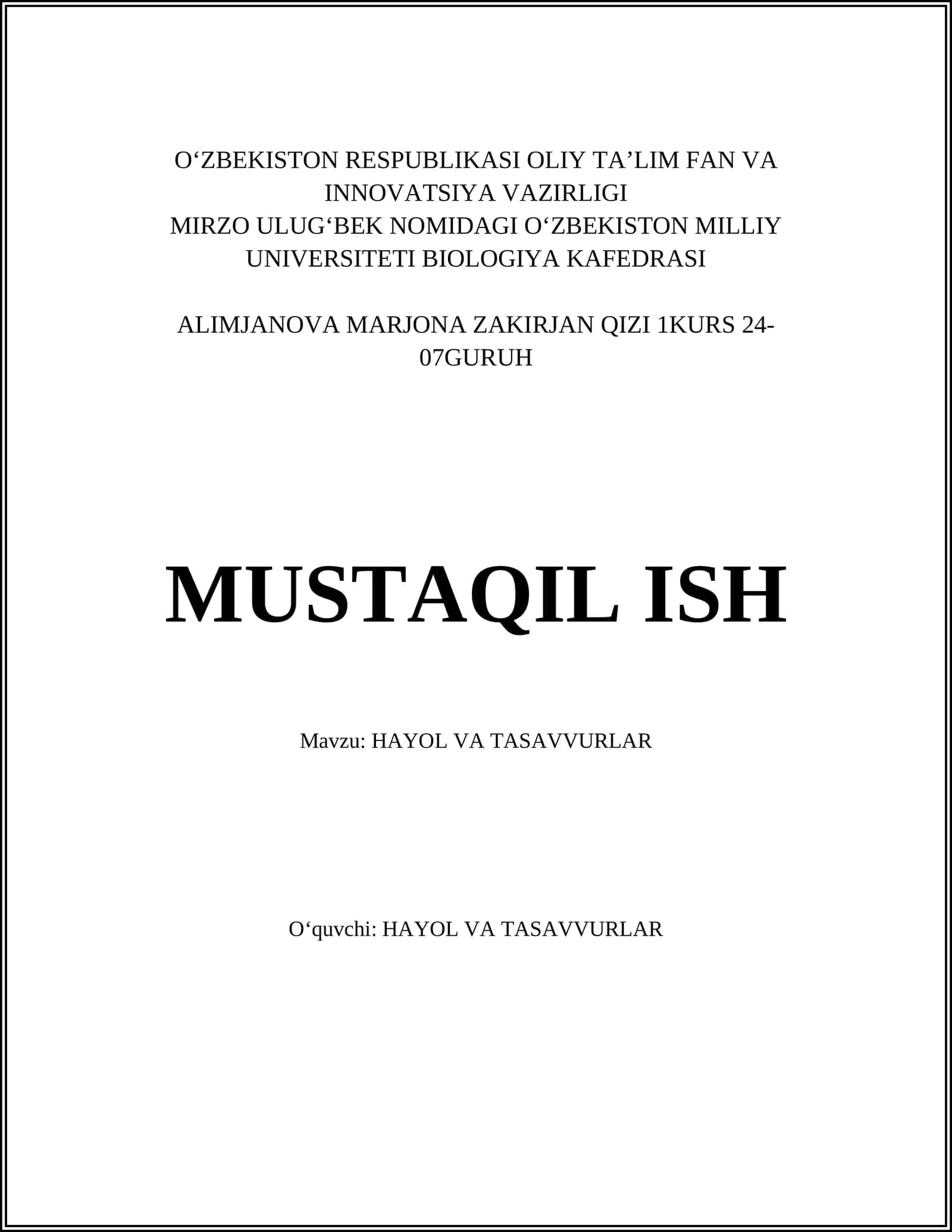 HAYOL VA TASAVVURLAR 1