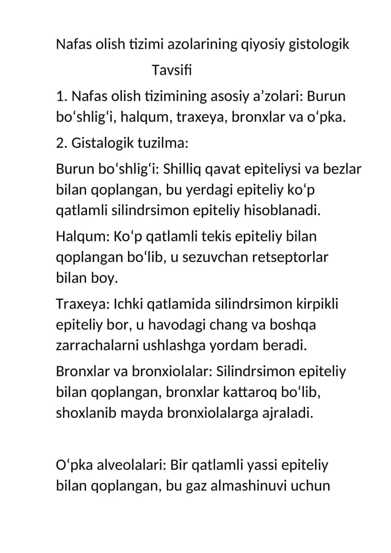 Nafas olish tizimi azolarining qiyosiy gistologik 1