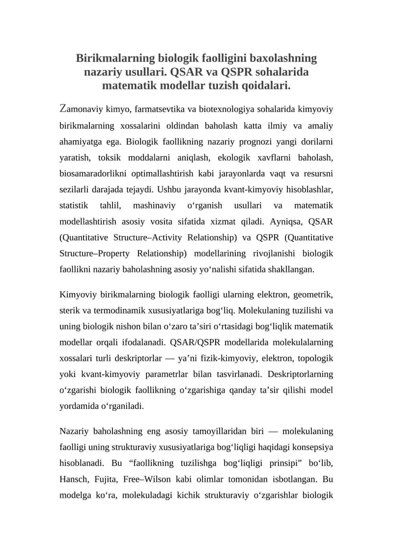 Kimyoviy birikmalarning biologik faolligini baxolash 1