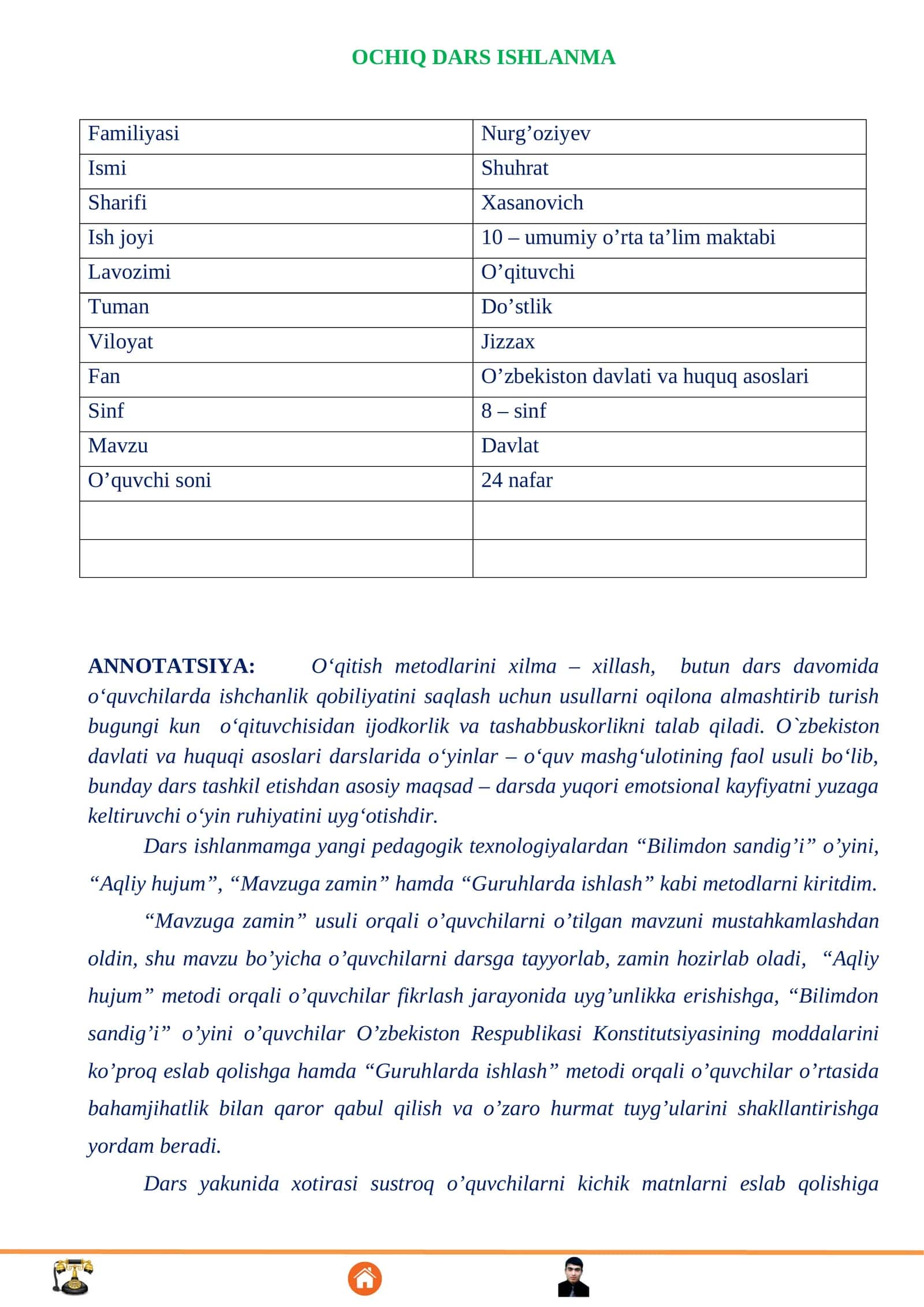 8-sinf Huquq fanidan Davlat mavzusida ochiq dars ishlanma 1