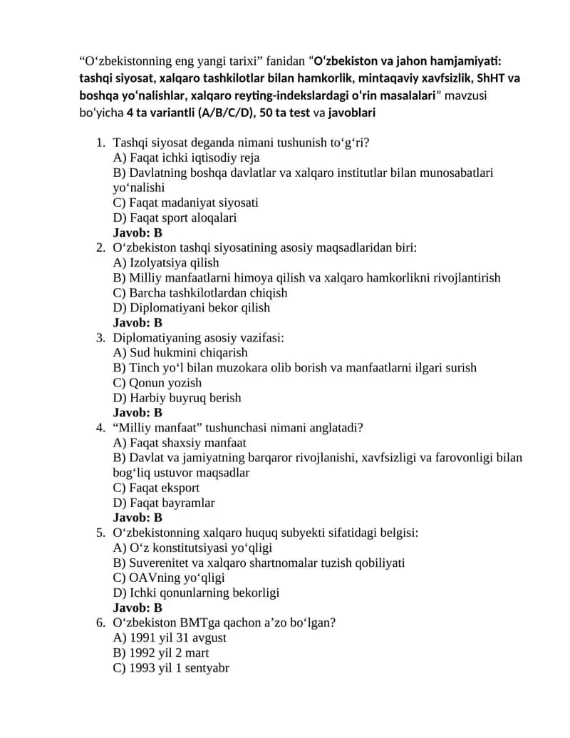 Oʻzbekistonning eng yangi tarixi 9-test 1