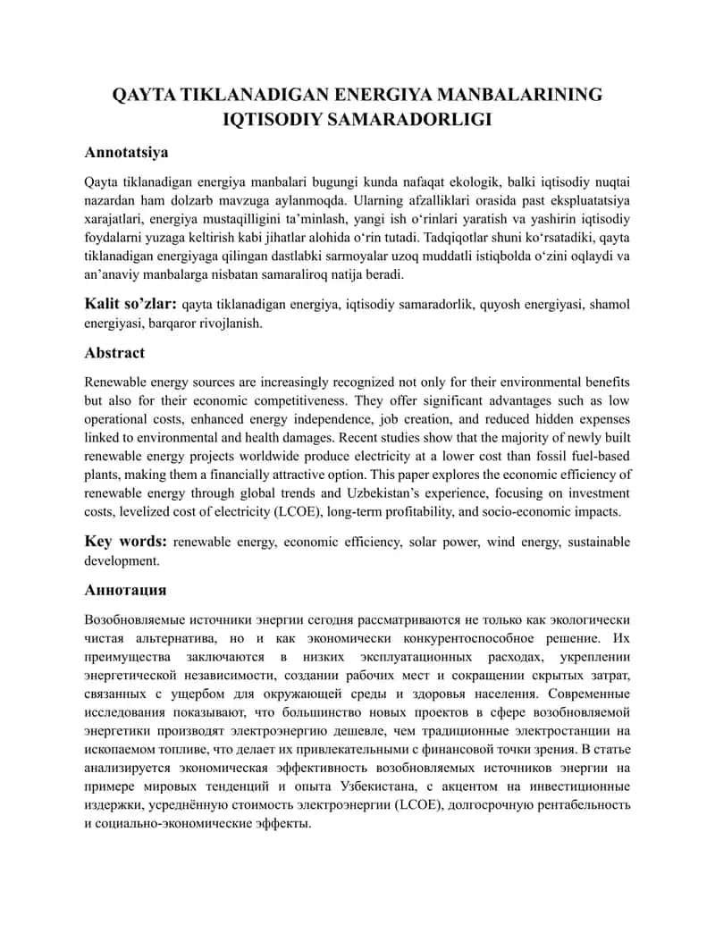 Qayta tiklanadigan energiya manbalarining iqtisodiy samaradorligi 1