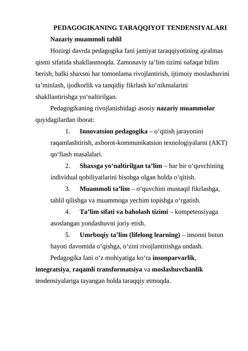 PEDAGOGIKANING TARAQQIYOT TENDENSIYALARI 1