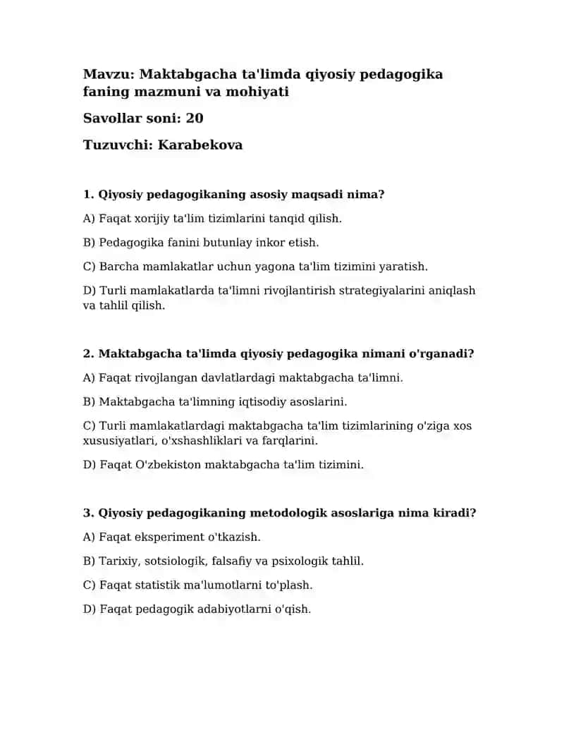 Maktabgacha ta'limda qiyosiy pedagogika faning mazmuni va mohiyati