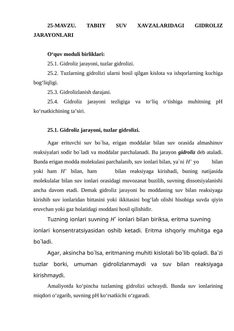 25-mavzu. Tabiiy suv xavzalaridagi gidroliz jarayonlari 1